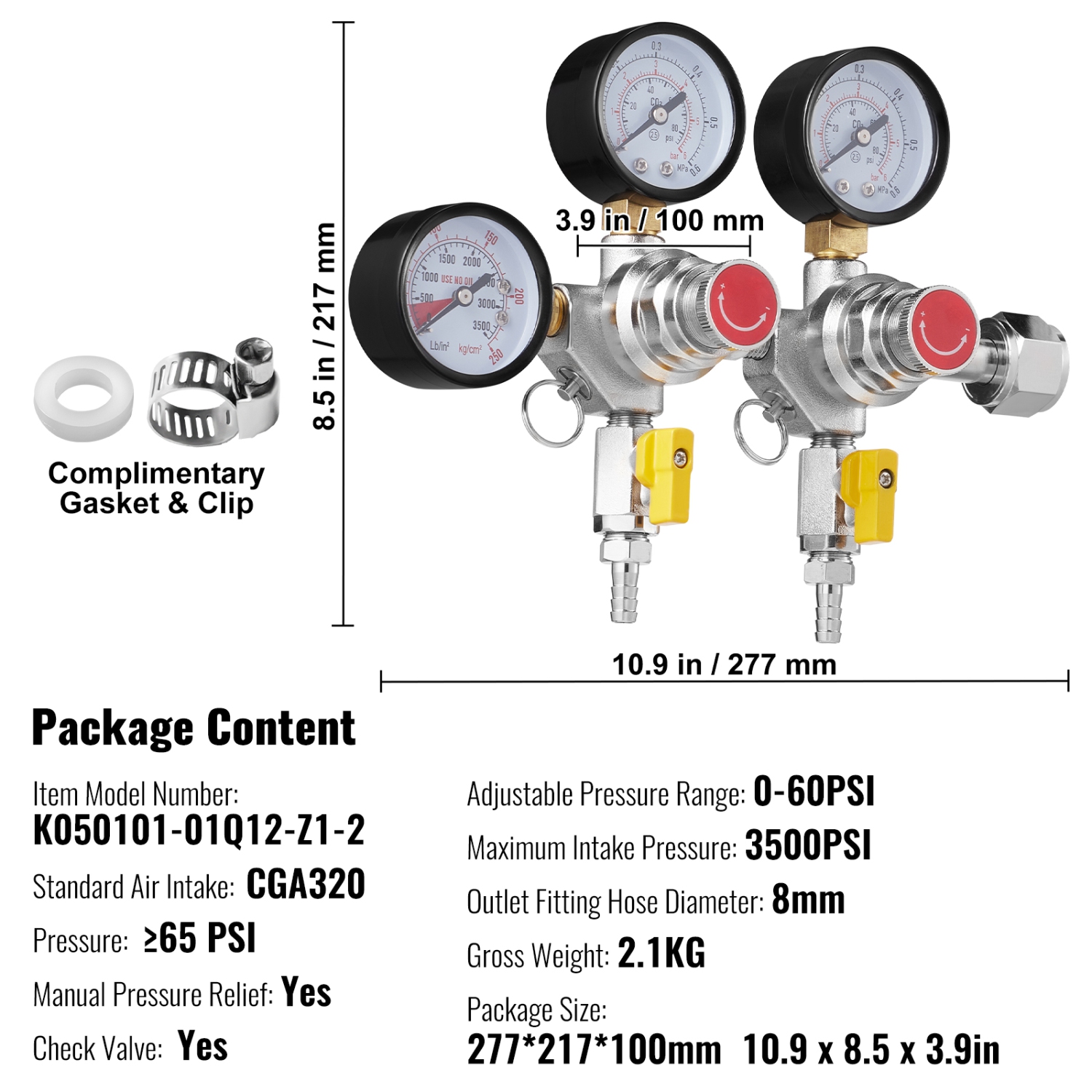 VEVOR 0-60PSI Triple Gauge Regulator, CO2 Regulator Gauge,CO2 Gauge Gas System, Draft Beer Regulator with Check Valve, Adjustable Pressure Regulator