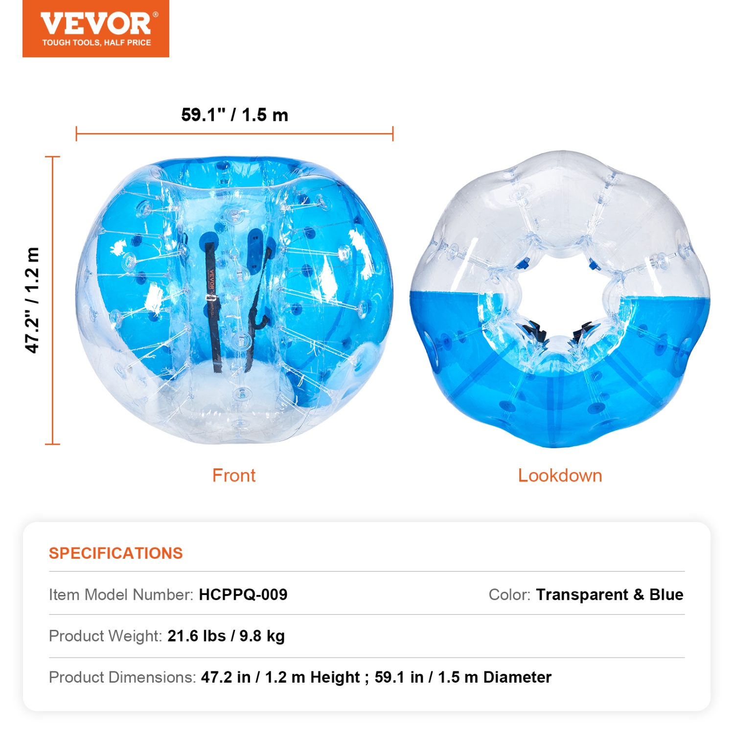 VEVOR 1-Pack Inflatable Bumper Ball, 5FT/1.5M Body Sumo Zorb Balls for Teen & Adult, 0.8mm PVC Human Hamster Bubble Balls for Team Play, Bumper