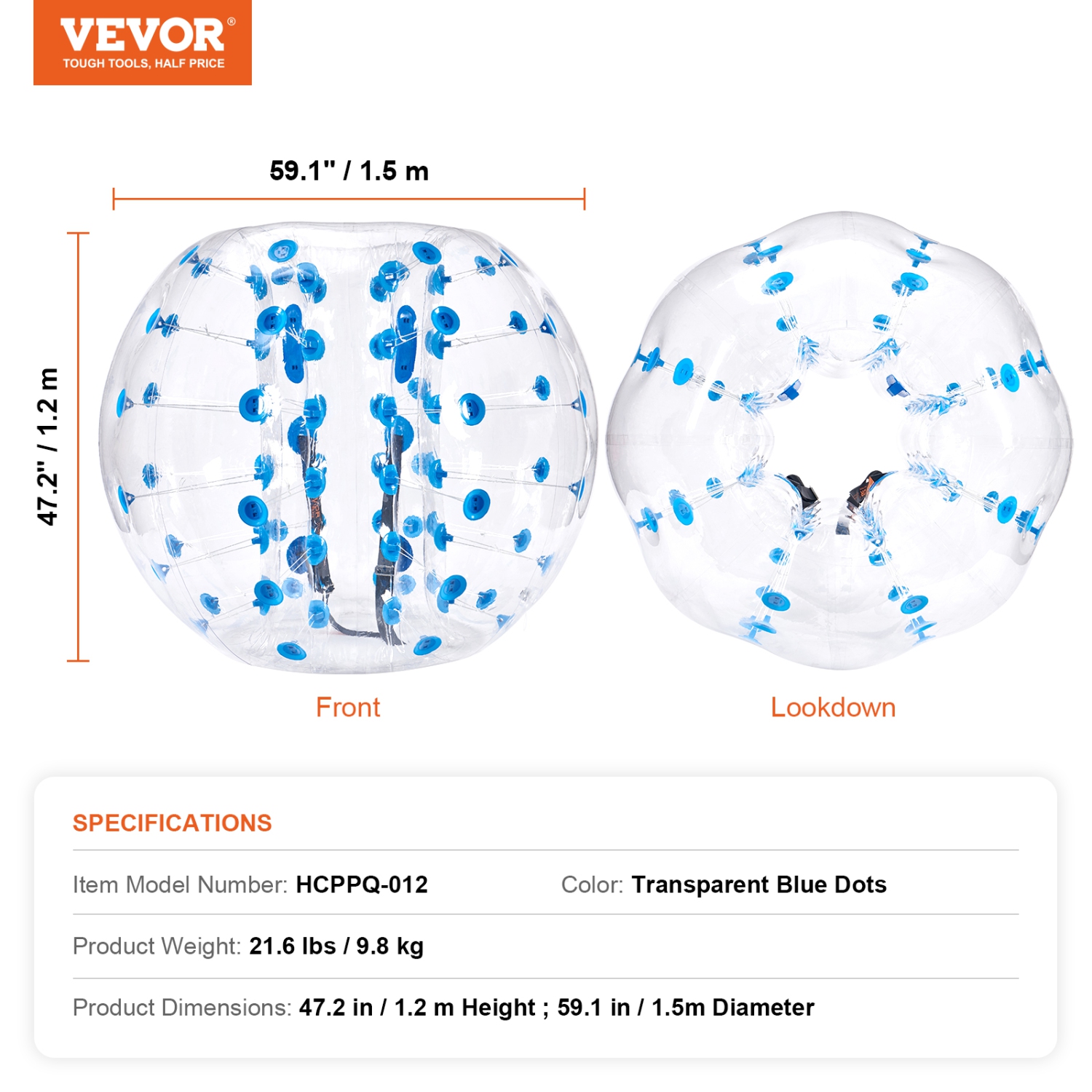 VEVOR 1-Pack Inflatable Bumper Ball, 5FT/1.5M Body Sumo Zorb Balls for Teen & Adult, 0.8mm PVC Human Hamster Bubble Balls for Team Play, Bumper