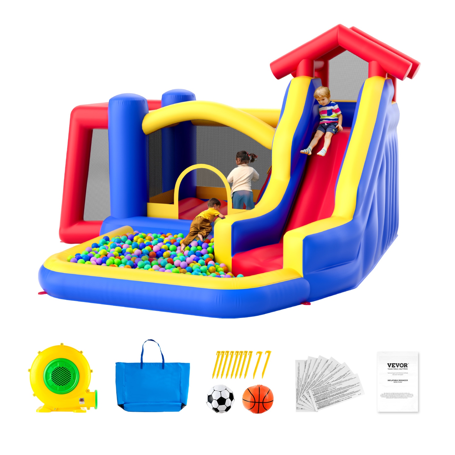 VEVOR 131x133x91 inch Inflatable Bounce House,High Quality Playhouse Trampoline, Jumping Bouncer with Blower, Slide, and Storage Bag,Backyard Bouncy
