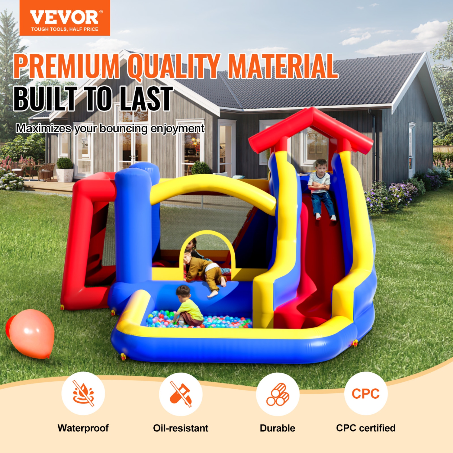 VEVOR 131x133x91 inch Inflatable Bounce House,High Quality Playhouse Trampoline, Jumping Bouncer with Blower, Slide, and Storage Bag,Backyard Bouncy