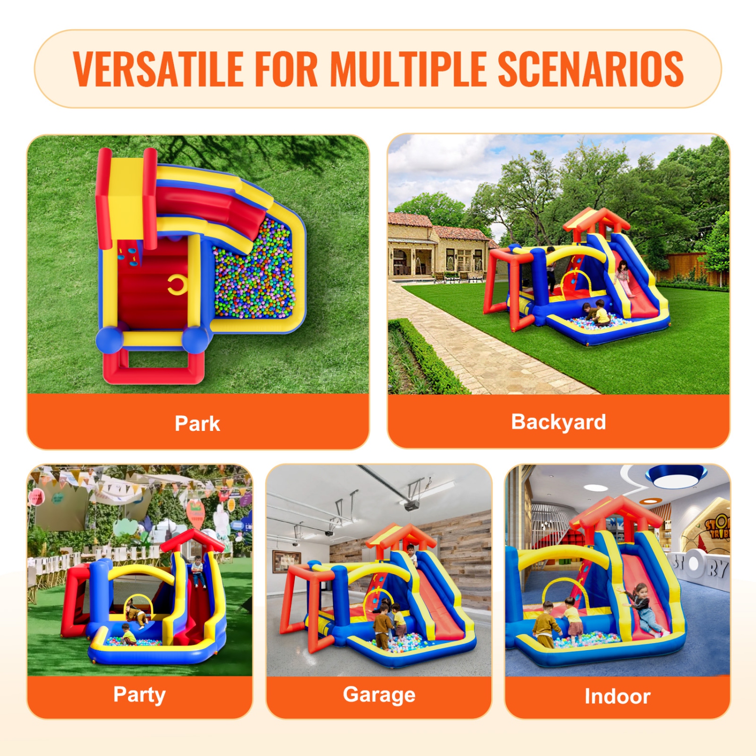 VEVOR 131x133x91 inch Inflatable Bounce House,High Quality Playhouse Trampoline, Jumping Bouncer with Blower, Slide, and Storage Bag,Backyard Bouncy