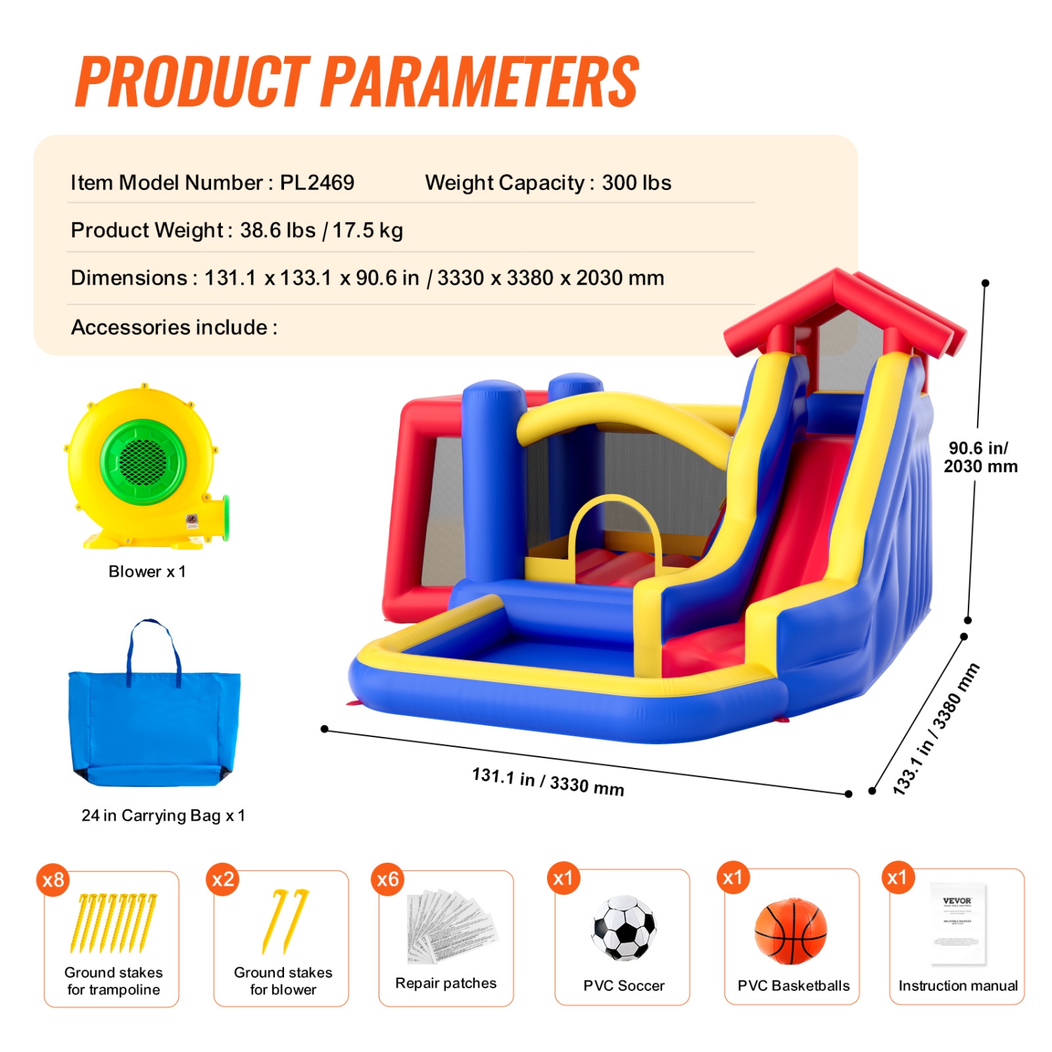 VEVOR 131x133x91 inch Inflatable Bounce House,High Quality Playhouse Trampoline, Jumping Bouncer with Blower, Slide, and Storage Bag,Backyard Bouncy