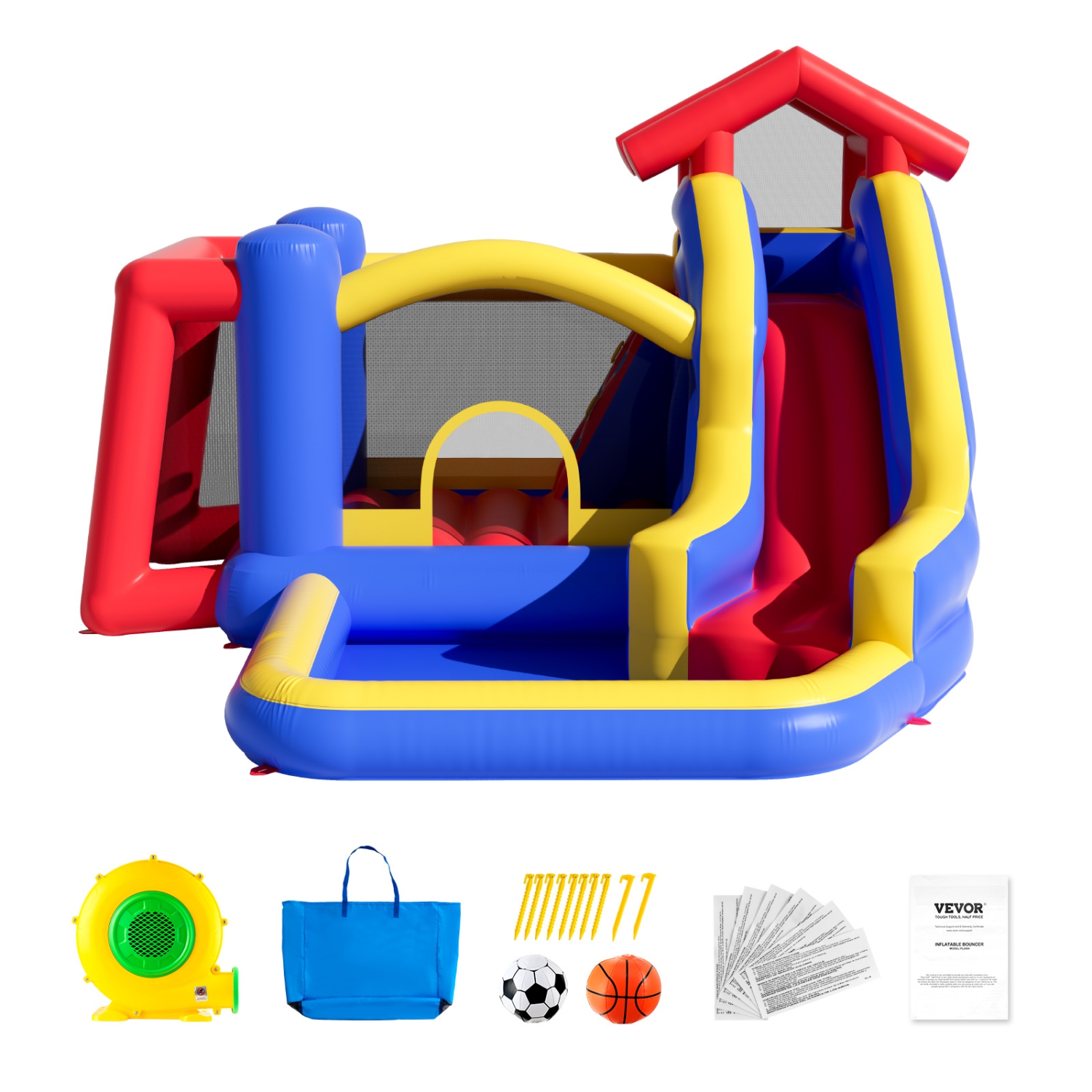 VEVOR 131x133x91 inch Inflatable Bounce House,High Quality Playhouse Trampoline, Jumping Bouncer with Blower, Slide, and Storage Bag,Backyard Bouncy