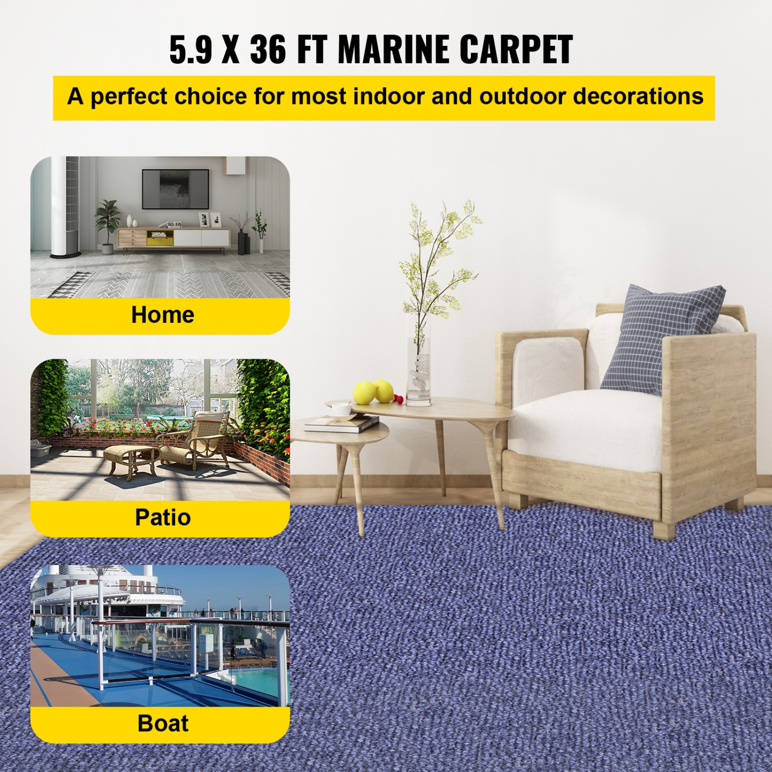 VEVOR 6 ft x 36 ft Deep Blue Marine Carpet Marine Grade Carpet for Boats with Waterproof Back Outdoor Rug for Patio Porch Deck Garage Outdoor Area