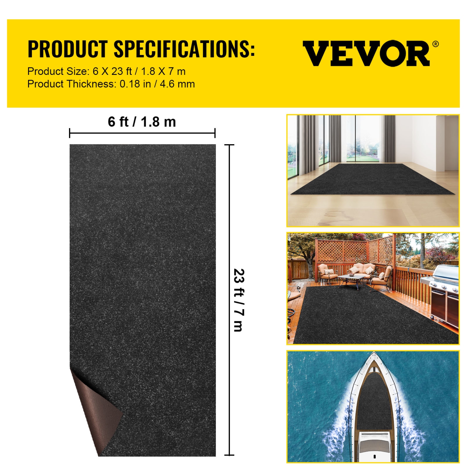 VEVOR 6 x 23 ft Marine Carpet, Charcoal Black Marine Grade Boat Carpet, Marine Carpeting with Soft Cut Pile and Water-Proof TPR Backing, Carpet Roll