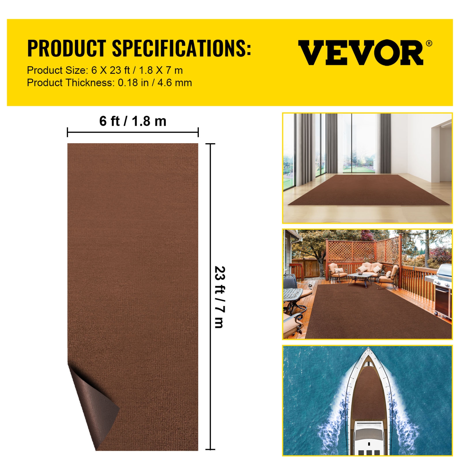 VEVOR 6 x 23 ft Marine Carpet, Deep Brown Marine Grade Boat Carpet, Marine Carpeting with Soft Cut Pile and Water-Proof TPR Backing, Carpet Roll for