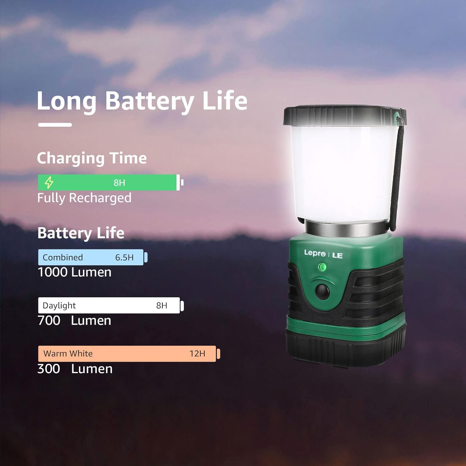 Lanterne de camping rechargeable LED, lampe de camping de 1000 lumens, lampe de camping étanche IP44 à 4 modes d'éclairage, chargeur 4400&nbsp;mAh,