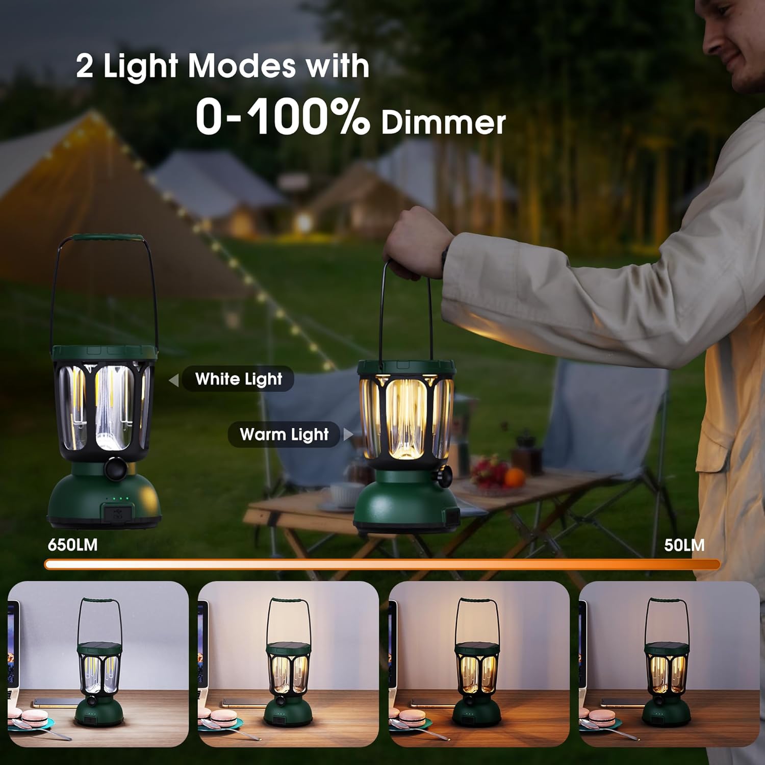 6000&nbsp;mAh – Lanterne de camping rechargeable – Lampe solaire de camping LED avec manivelle, lampe de camping à intensité réglable pour tente,