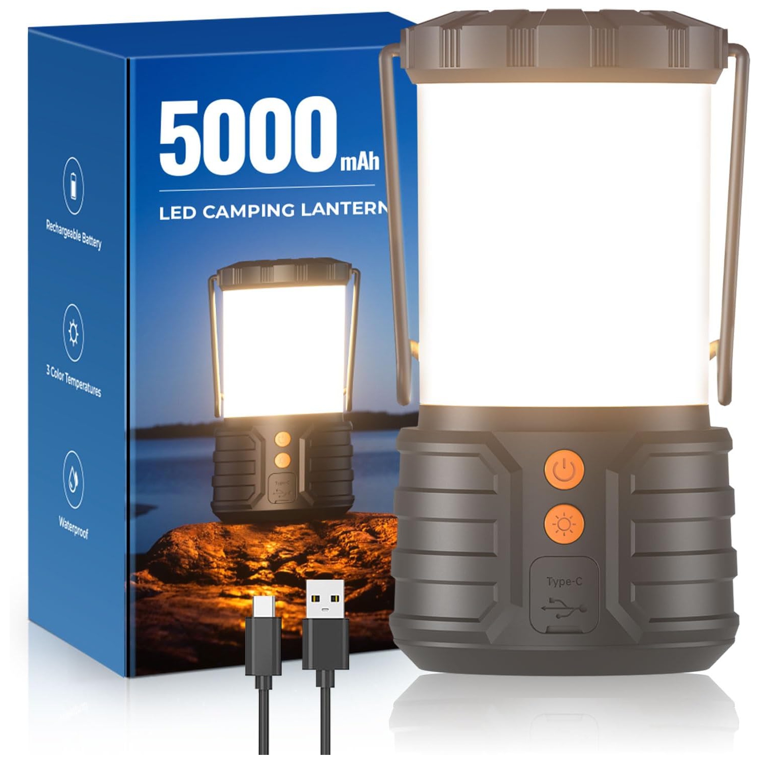 Led Camping Lantern, 5000mAh Rechargeable Battery Emergency Lights for Power Outages, IPX4 Waterproof Portable Flashlight Camping Tent Light for