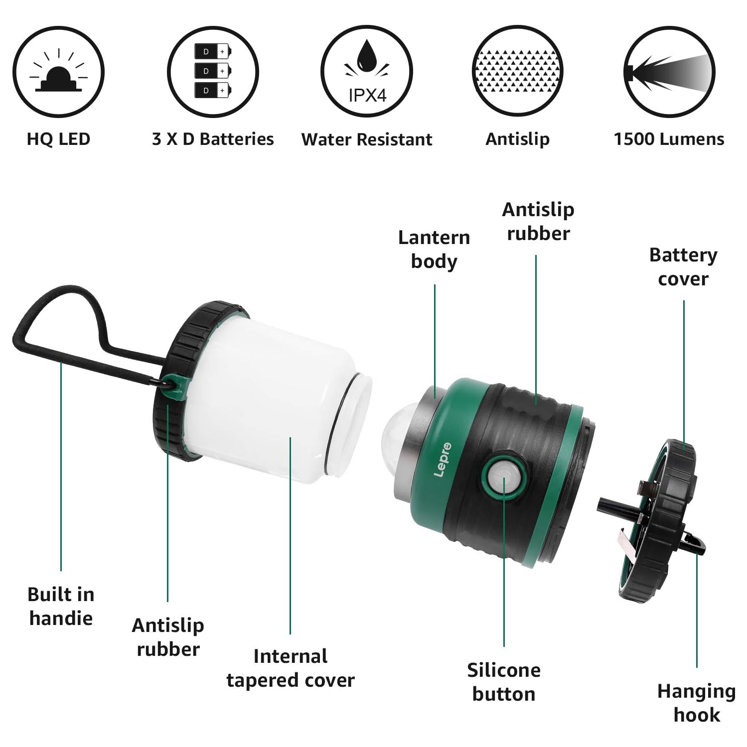Lanterne de camping 1500&nbsp;lm, lampe de camping étanche très lumineuse IPX4 avec 4 modes d'éclairage, lampe de poche à piles 3 D pour la