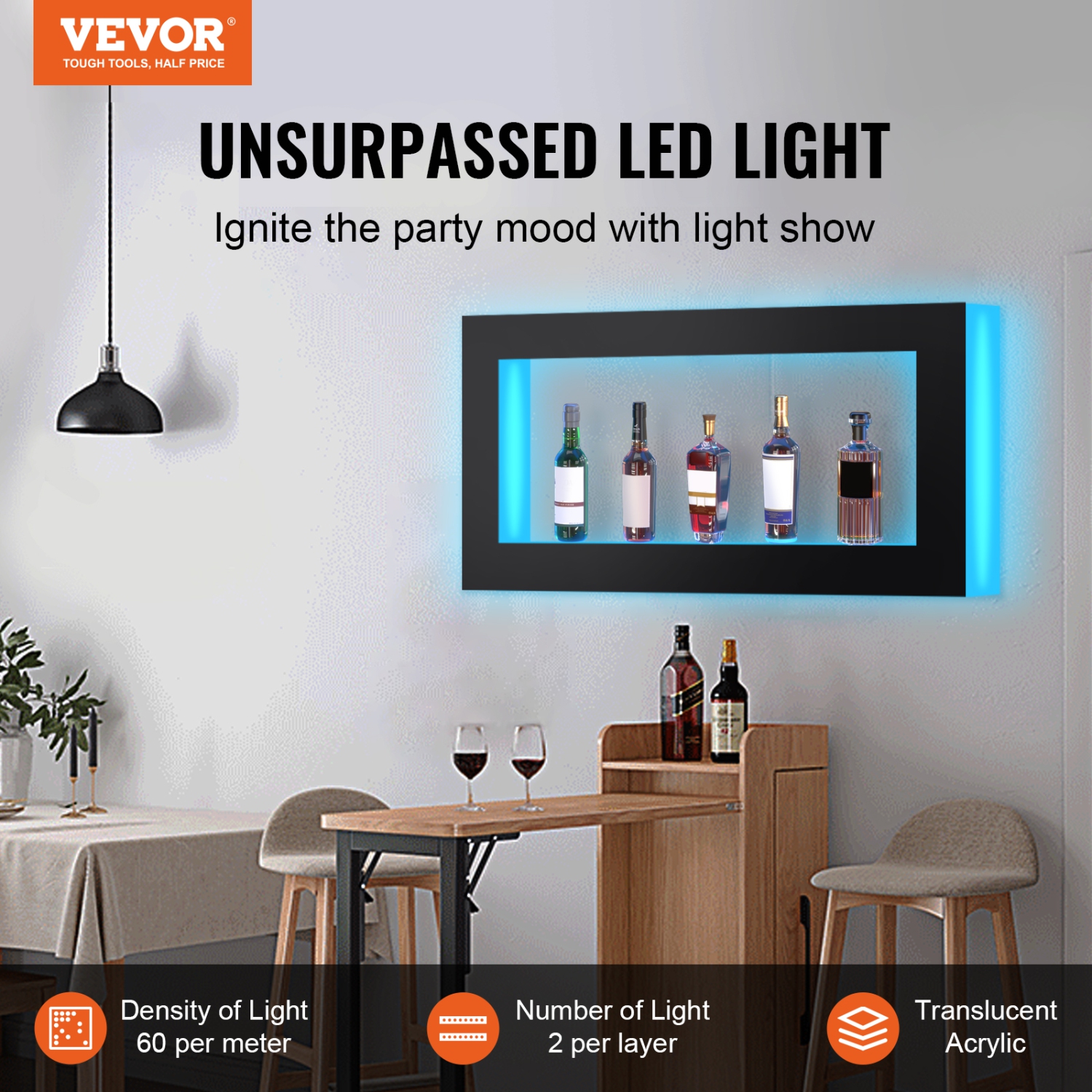 VEVOR 48 Inch LED Lighted Liquor Bottle Display, Square , Illuminated Home Bar Shelf with RF Remote & App Control 7 Static Colors 1-4 H Timing,