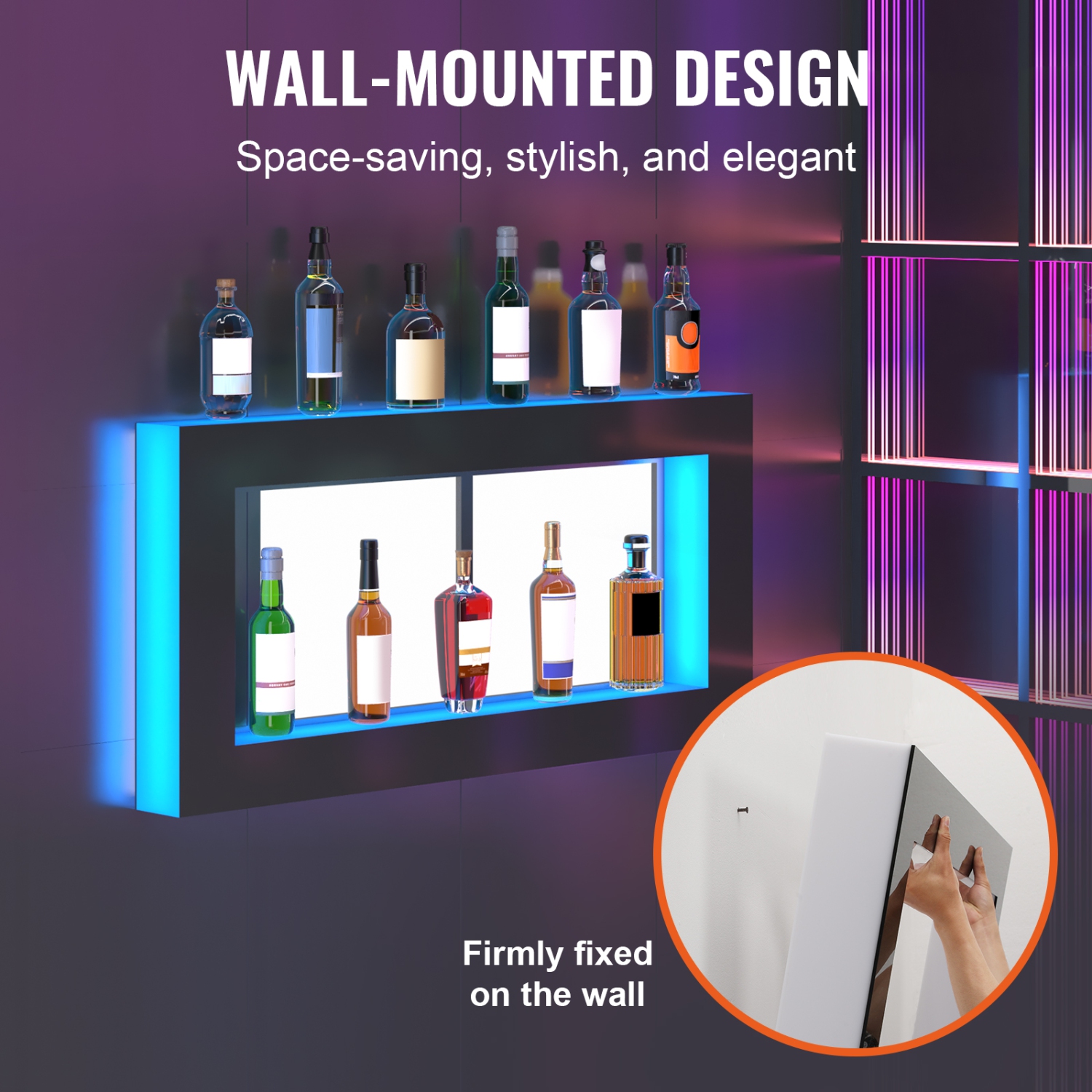VEVOR 48 Inch LED Lighted Liquor Bottle Display, Square , Illuminated Home Bar Shelf with RF Remote & App Control 7 Static Colors 1-4 H Timing,