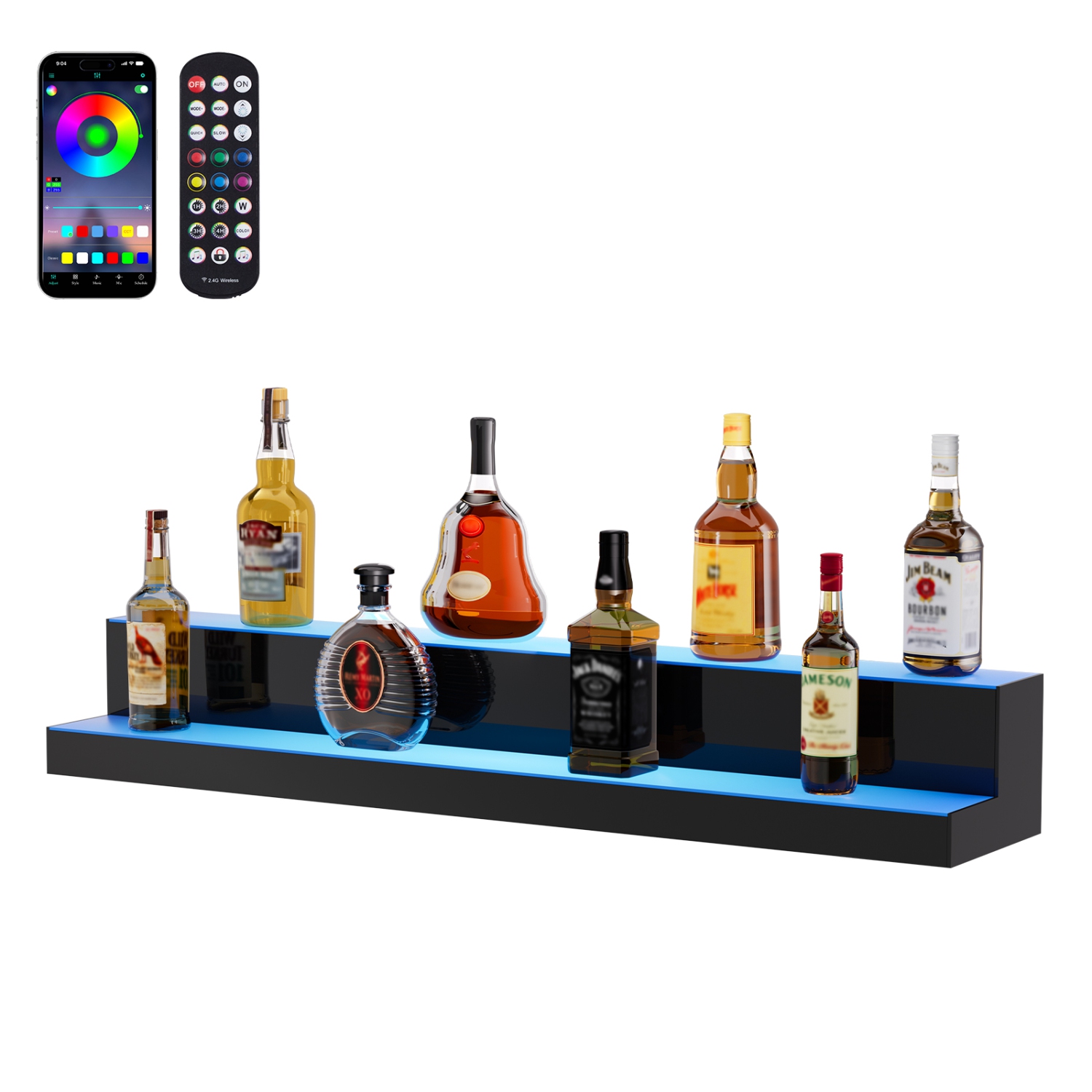 VEVOR 40 Inch 2 Tiers LED Lighted Liquor Bottle Display, Commercial Illuminated Home Bar Shelf, 2 Steps Whiskey Rack Stand, Acrylic Drink Shelves