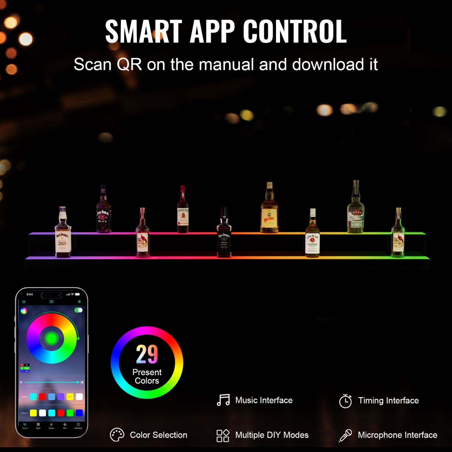 VEVOR 72 Inch 2 Tiers LED Lighted Liquor Bottle Display, Commercial Illuminated Home Bar Shelf, 2 Steps Whiskey Rack Stand, Acrylic Drink Shelves