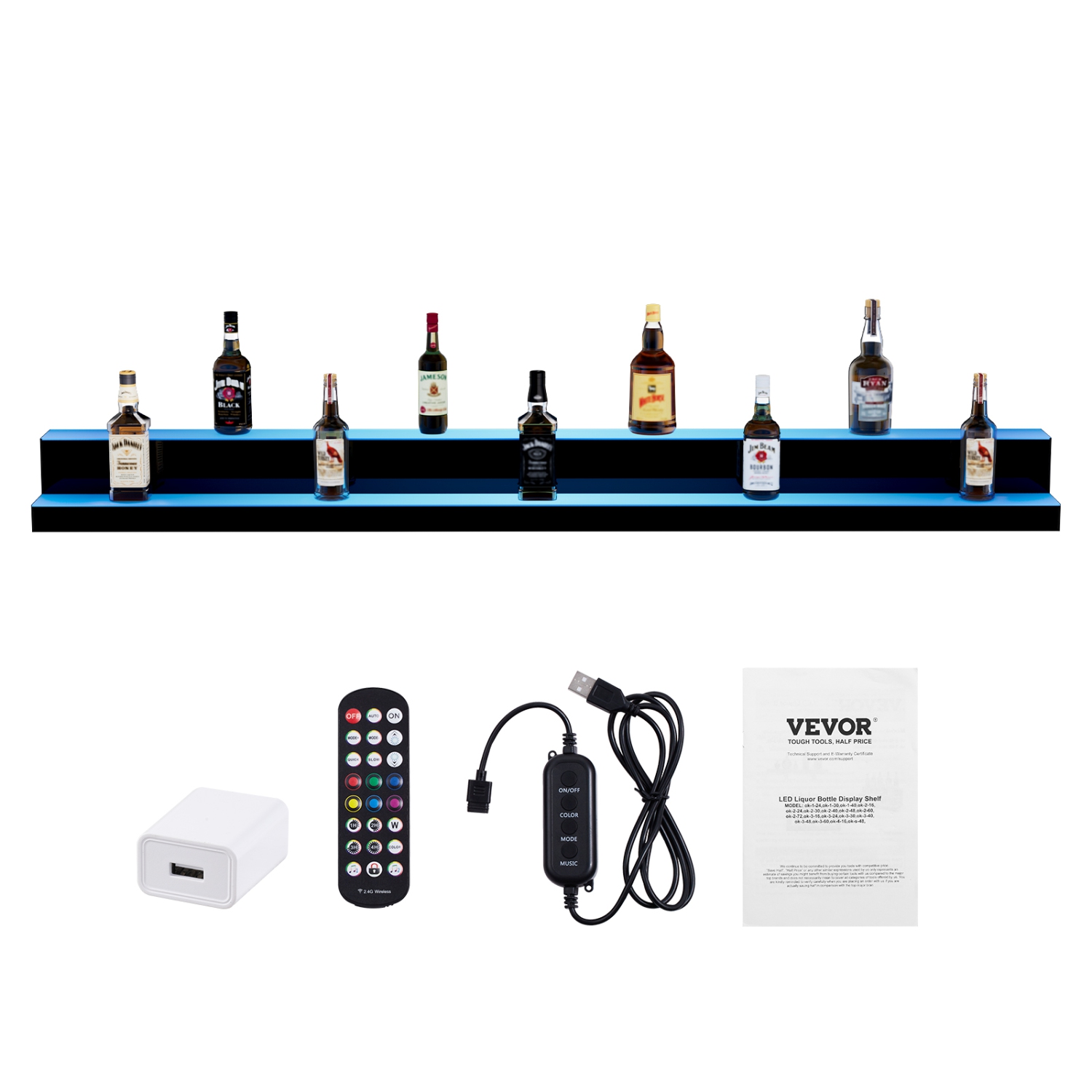 VEVOR 72 Inch 2 Tiers LED Lighted Liquor Bottle Display, Commercial Illuminated Home Bar Shelf, 2 Steps Whiskey Rack Stand, Acrylic Drink Shelves