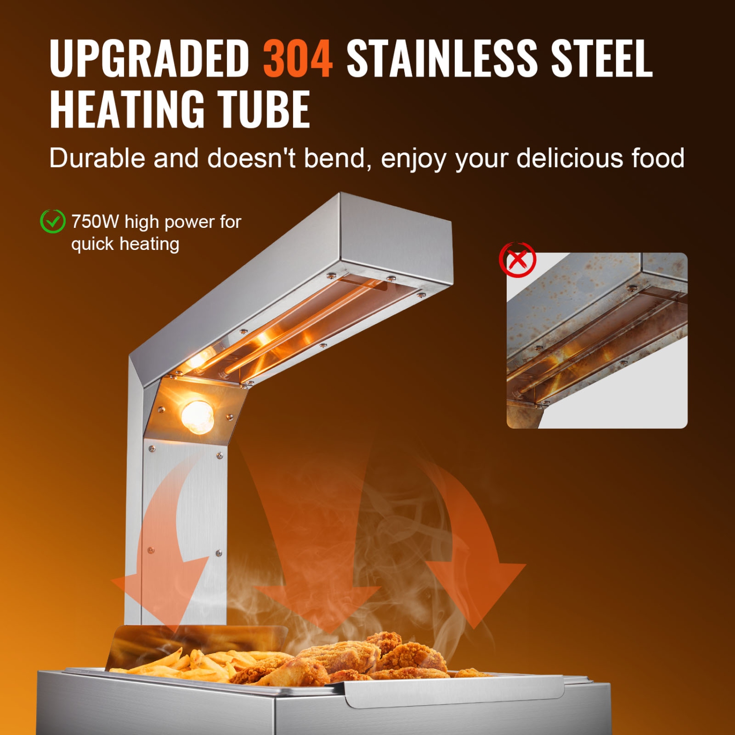 VEVOR 750W French Fry Food Warmer, Commercial Food Heating Lamp, Electric Stainless Steel Warming Light Dump Station, Countertop 104-122°F Fries Food