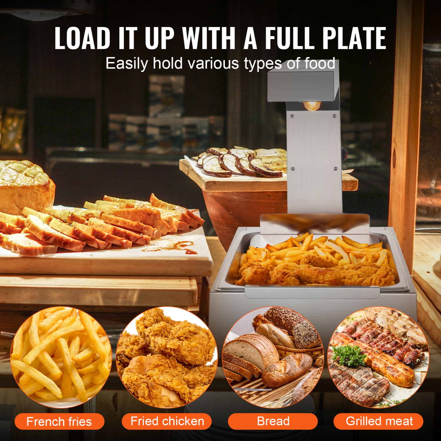 VEVOR 750W French Fry Food Warmer, Commercial Food Heating Lamp, Electric Stainless Steel Warming Light Dump Station, Countertop 104-122°F Fries Food