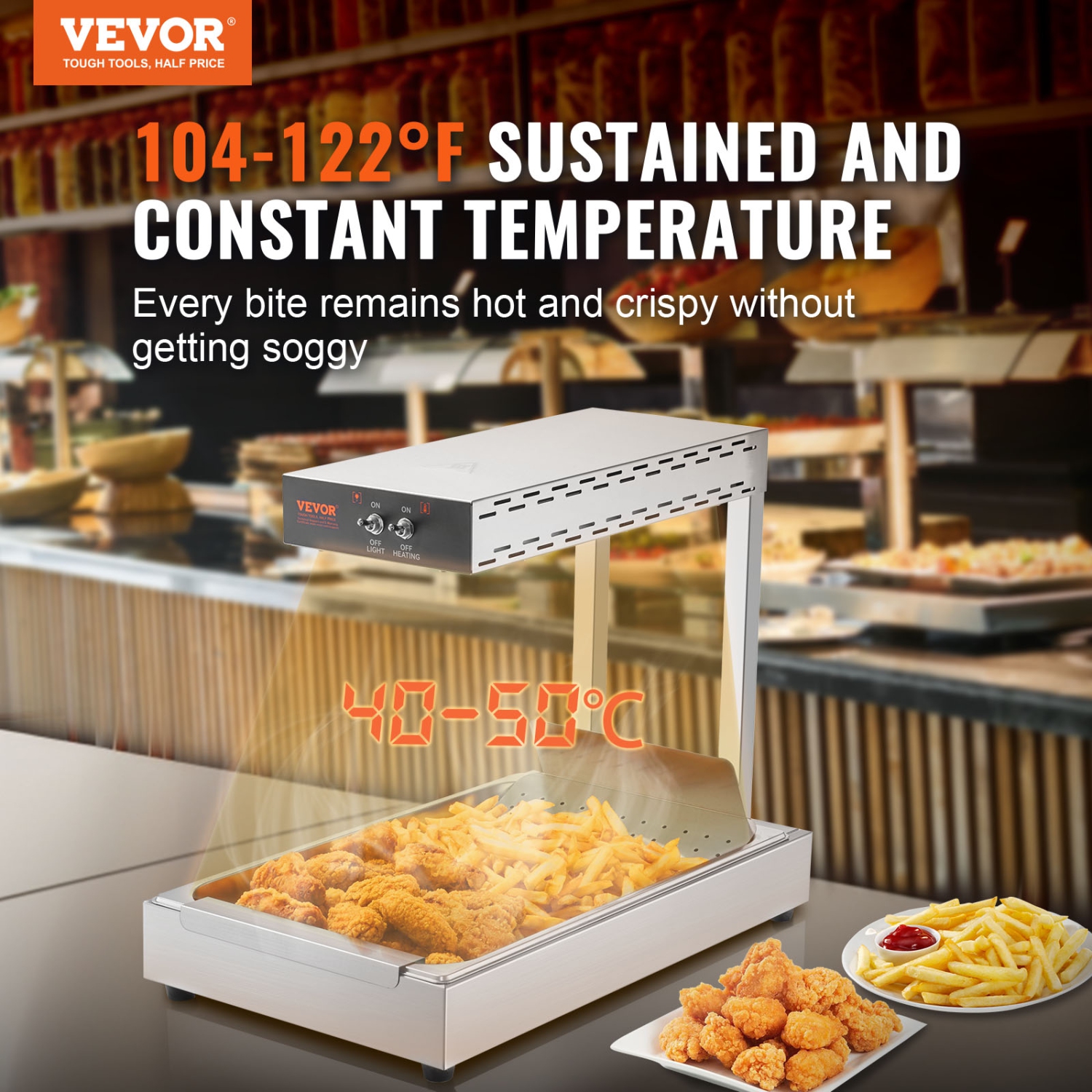 VEVOR 750W French Fry Food Warmer, Commercial Food Heating Lamp, Electric Stainless Steel Warming Light Dump Station, Countertop 104-122°F Fries Food