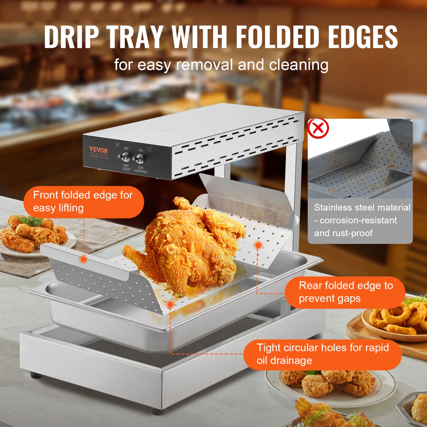 VEVOR 750W French Fry Food Warmer, Commercial Food Heating Lamp, Electric Stainless Steel Warming Light Dump Station, Countertop 104-122°F Fries Food