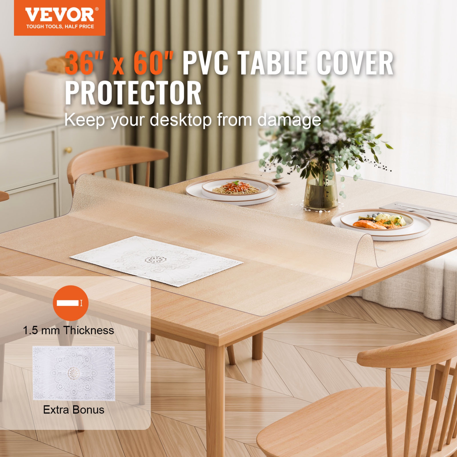 VEVOR 36 x 60 Inch Plastic Table Cover,1.5 mm Thick Frosted Table Protector, Rectangle PVC Desk Mat, Waterproof & Easy Cleaning Desk Pad Tablecloth,