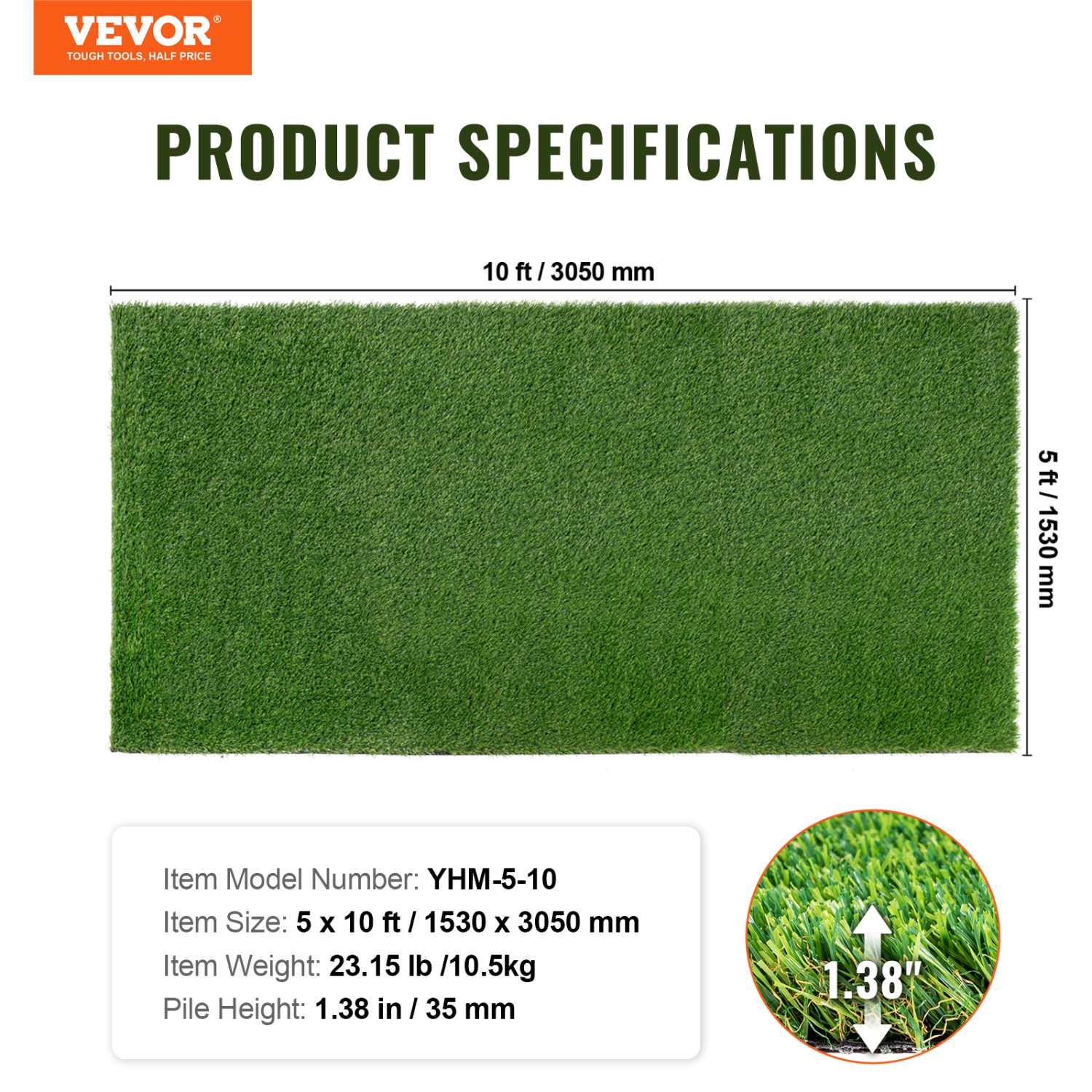 VEVOR 5 x 10 ft Artifical Grass, Rug Green Turf, 1.38"Fake Door Mat Outdoor Patio Lawn Decoration, Easy to Clean with Drainage Holes,Perfect For