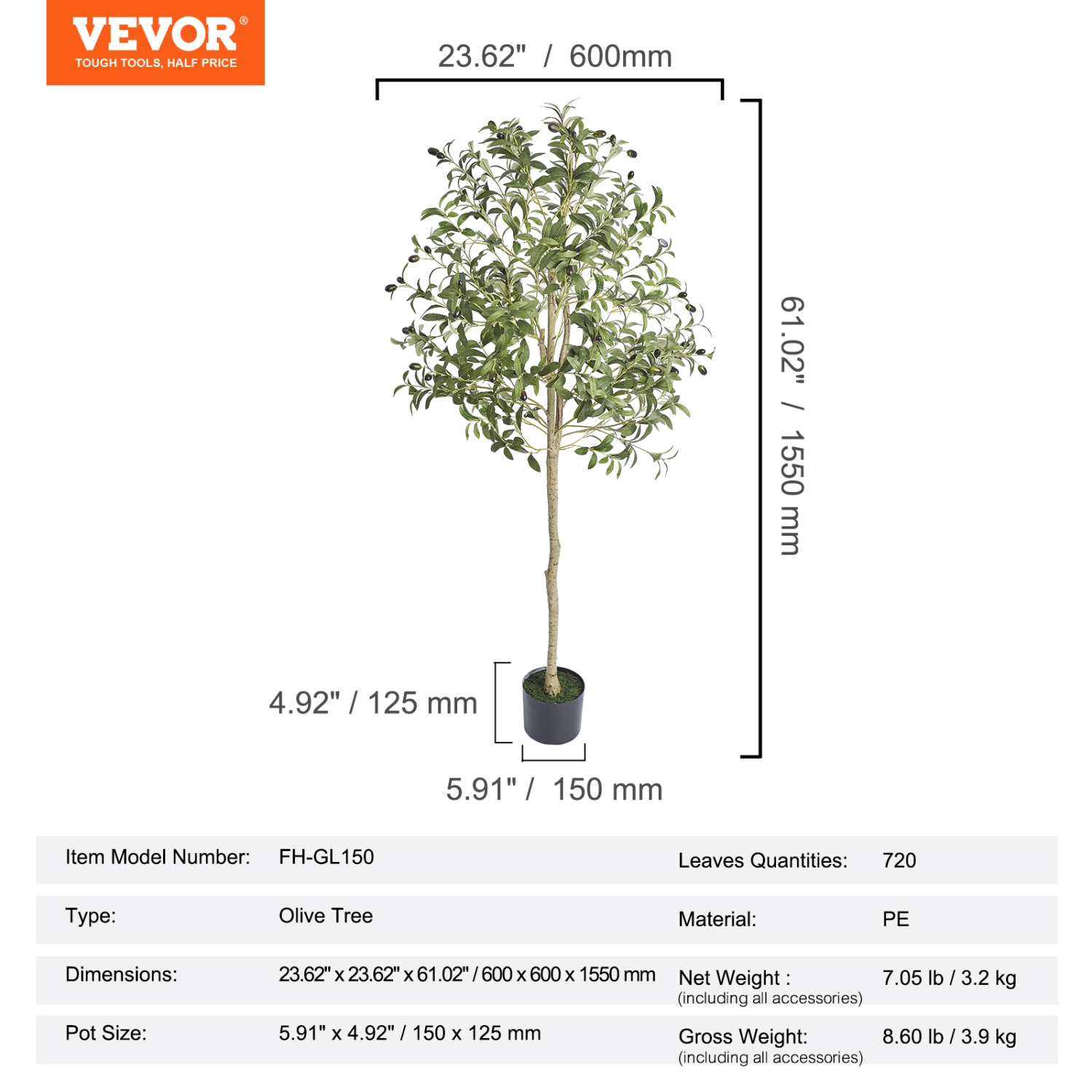 VEVOR 5 FT Artificial Olive Tree, Faux Plant, Secure PE Material & Anti-Tip Tilt Protection Low-Maintenance Plant, Lifelike Green Fake Potted Tree