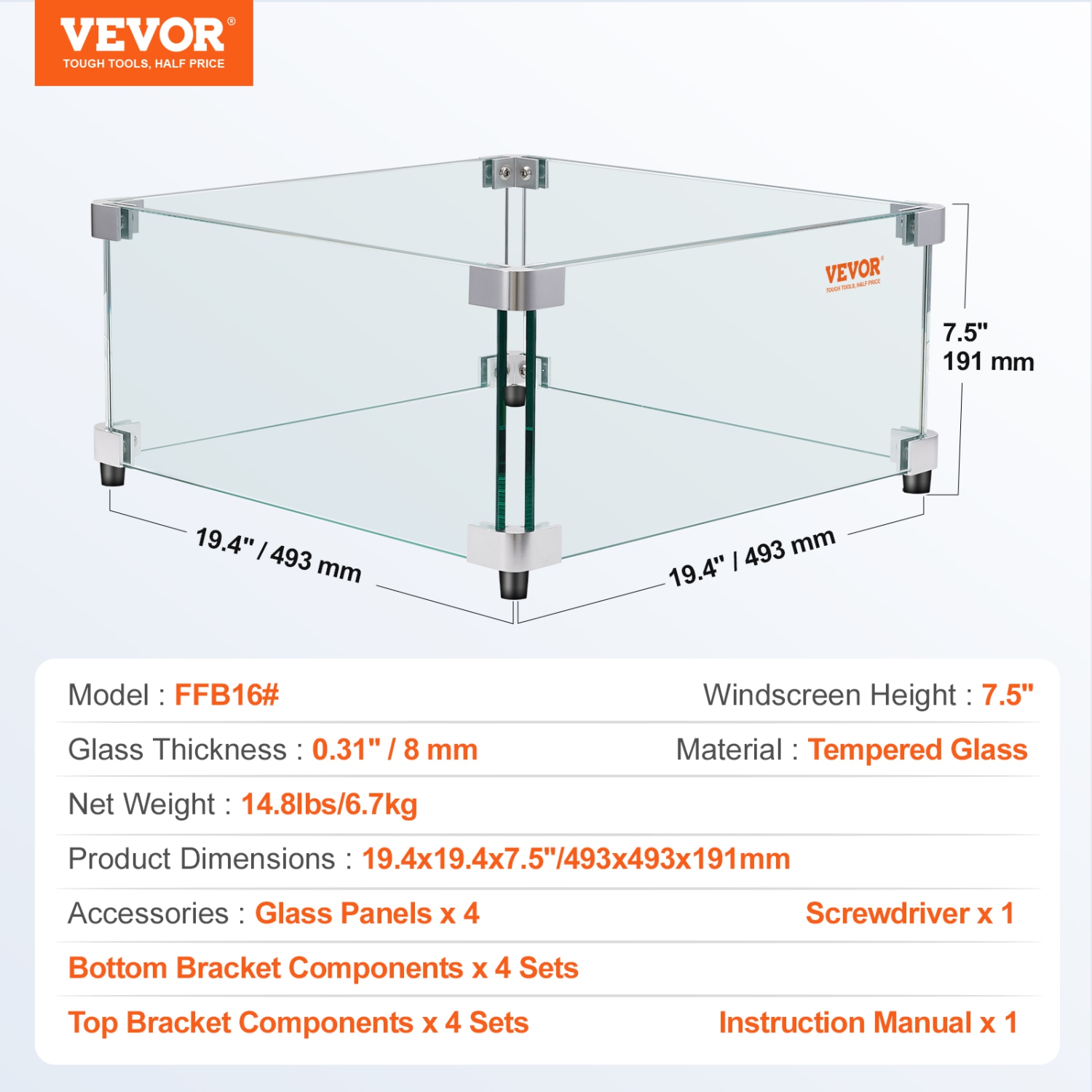 Pare-vent pour foyer au gaz VEVOR 19 x 19 x 7.5&nbsp;po pour table à foyer carrée, pare-vent trempé transparent pour foyers, écran en verre carré