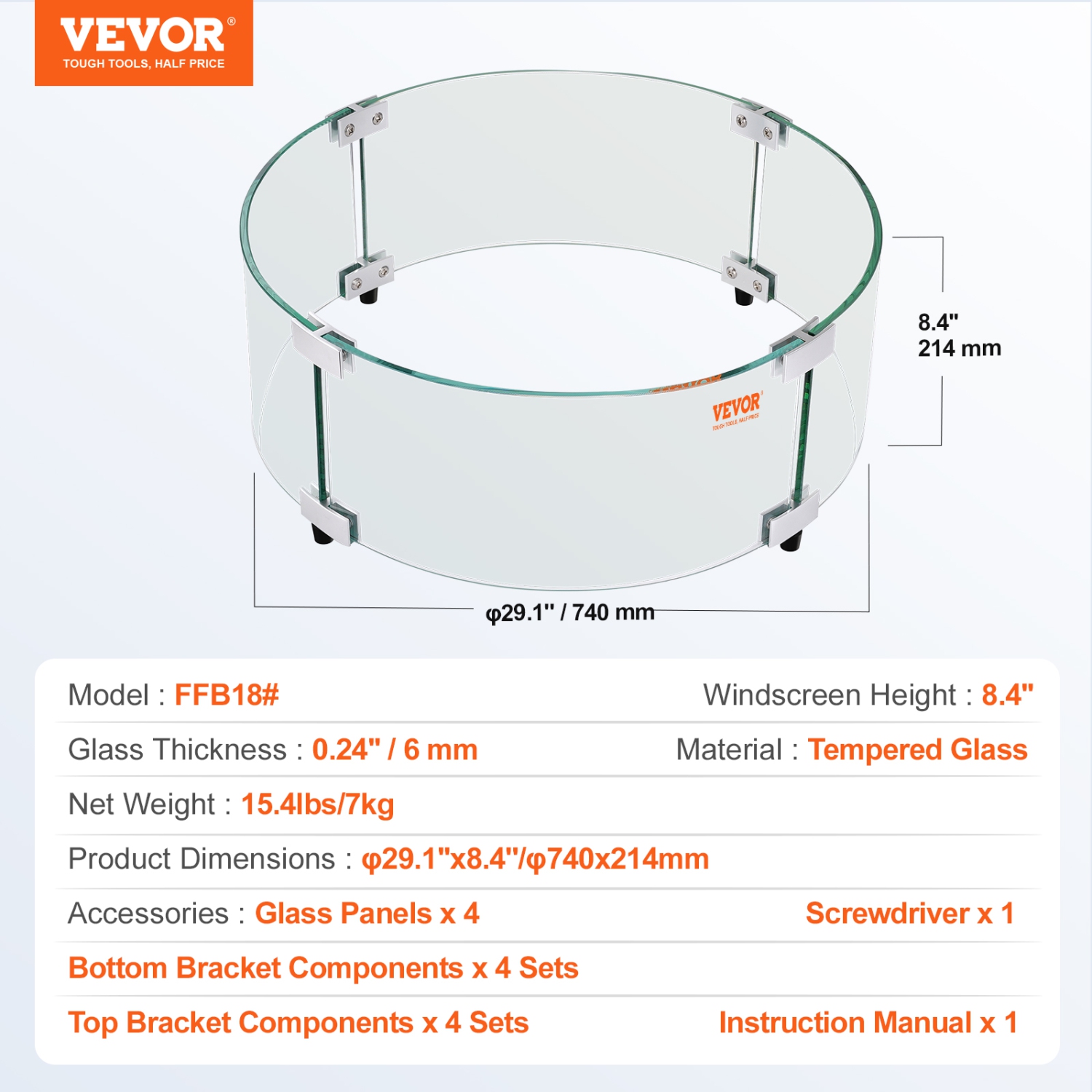 Pare-vent de foyer VEVOR 29 x 8 po, écran rond en verre, accessoire de table à foyer de 0,24 po d'épaisseur, pare-flammes en verre trempé