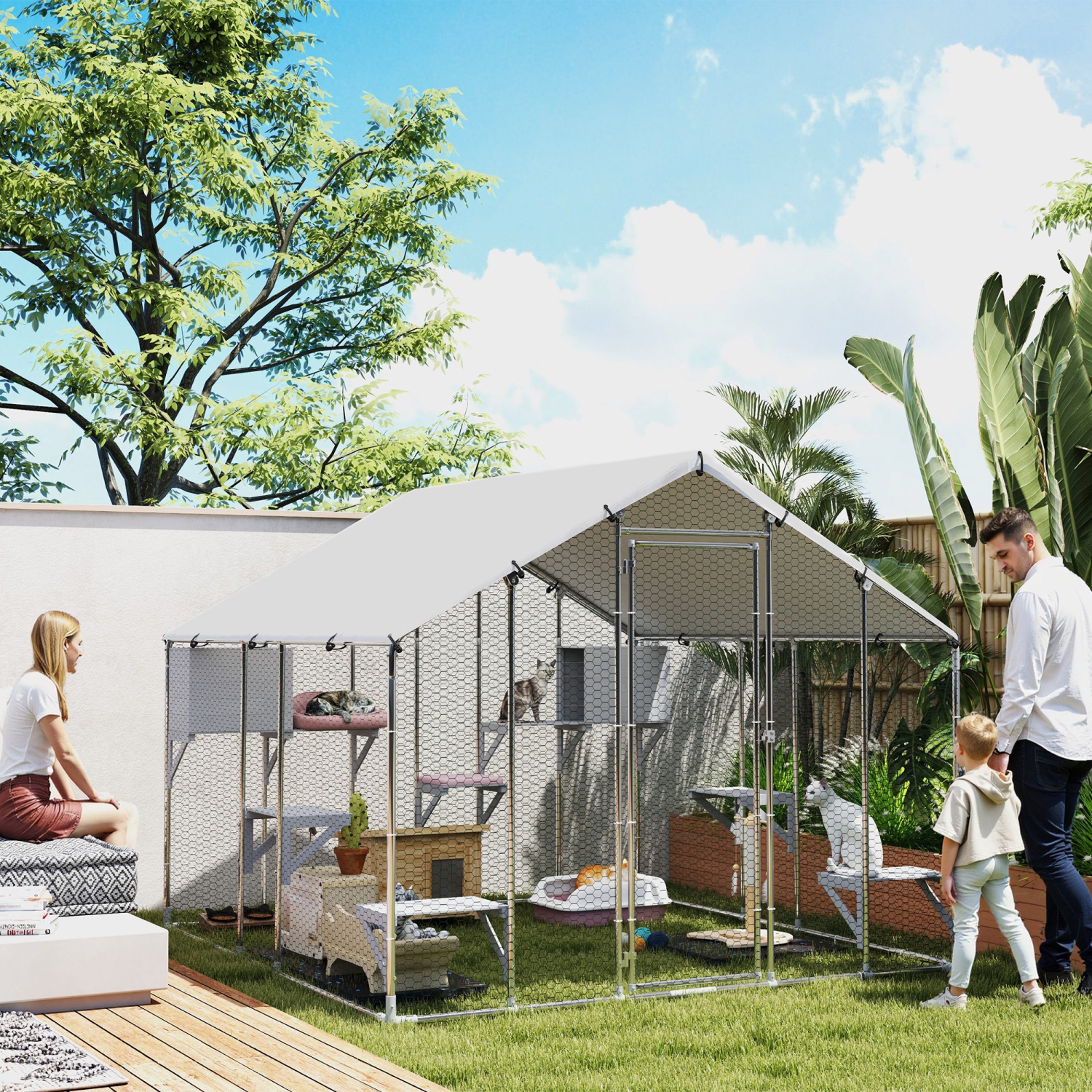 PawHut 94.5" Extra Large Catio Outdoor Cat Enclosure, Walk In Cat Cage with Waterproof Cover, 2 Resting Boxes, 7 Platforms, Metal Chicken Run Hen