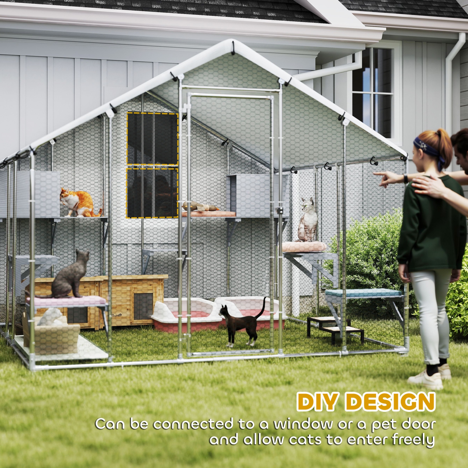 PawHut 94.5" Extra Large Catio Outdoor Cat Enclosure, Walk In Cat Cage with Waterproof Cover, 2 Resting Boxes, 7 Platforms, Metal Chicken Run Hen