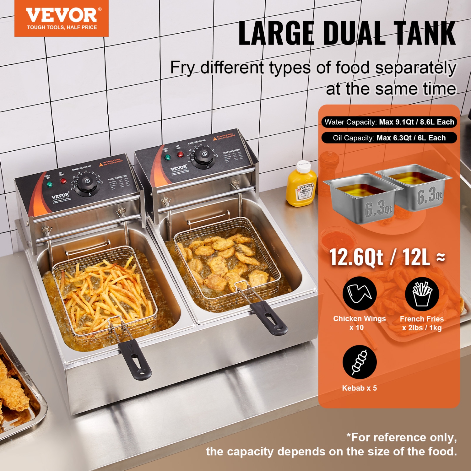 VEVOR 2 x 9.1Qt/8.6L Commercial Deep Fryer, Dual Tank 3000W Electric Countertop Fryer with Basket, Double Stainless Steel Oil Fryer, with Temp