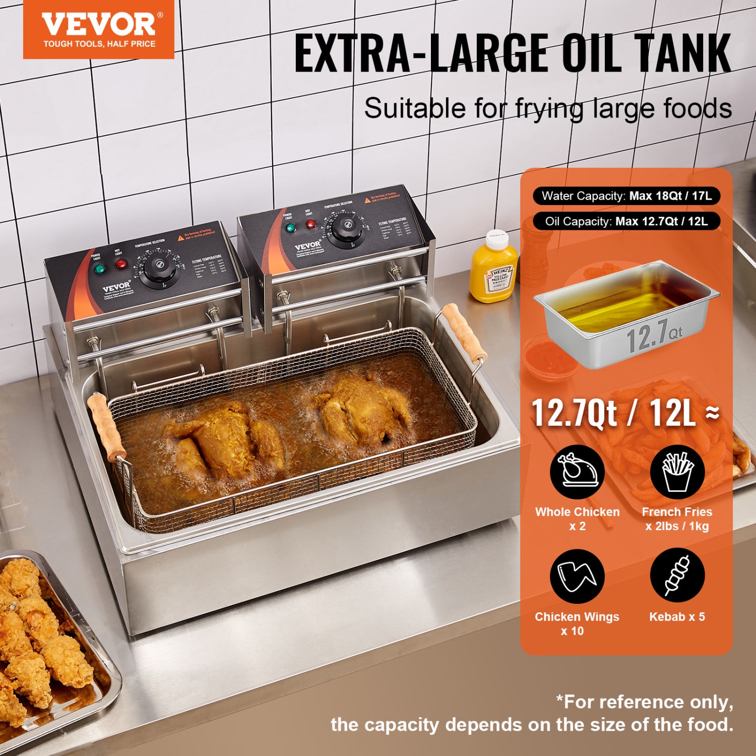 VEVOR 3000W Commercial Deep Fryer, Electric Turkey Fryer with 3 Removable Baskets, Large Capacity 18Qt / 17L Stainless Steel Countertop Single Oil