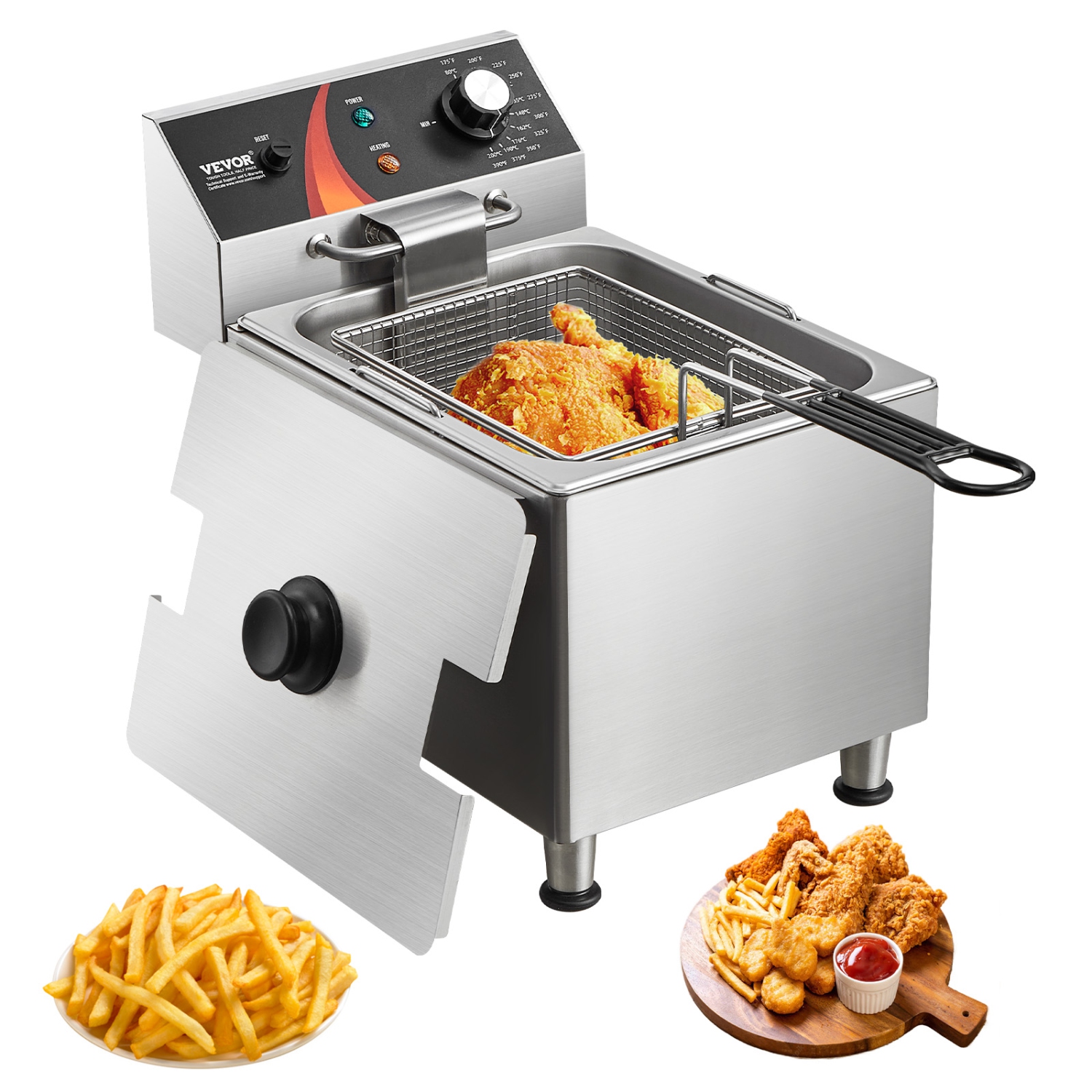 VEVOR 1750W Commercial Deep Fryer, Electric Countertop Fryer with Basket & Height-Adjustable Feet, 12Qt / 11.5L Stainless Steel Single Oil Fryer,