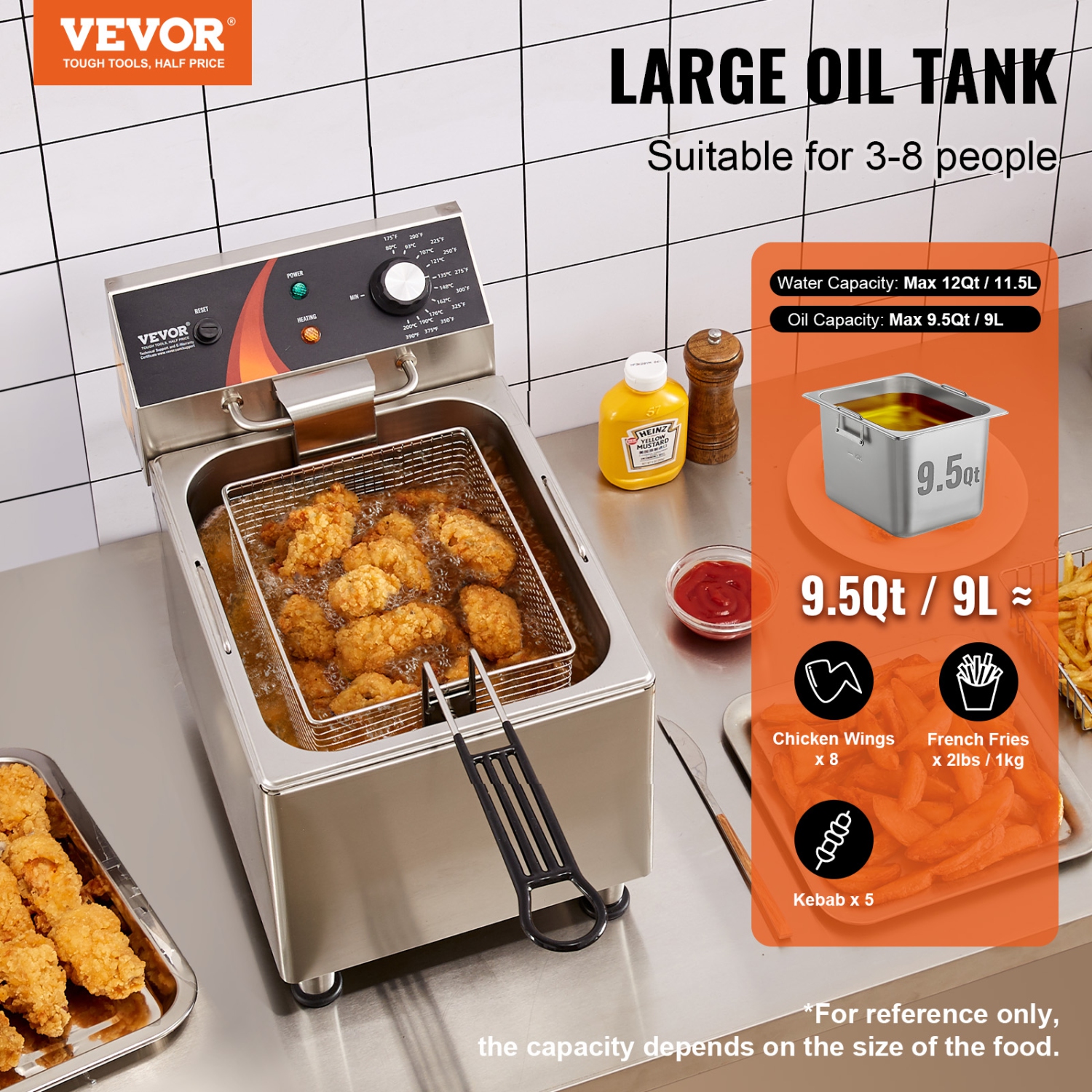 VEVOR 1750W Commercial Deep Fryer, Electric Countertop Fryer with Basket & Height-Adjustable Feet, 12Qt / 11.5L Stainless Steel Single Oil Fryer,