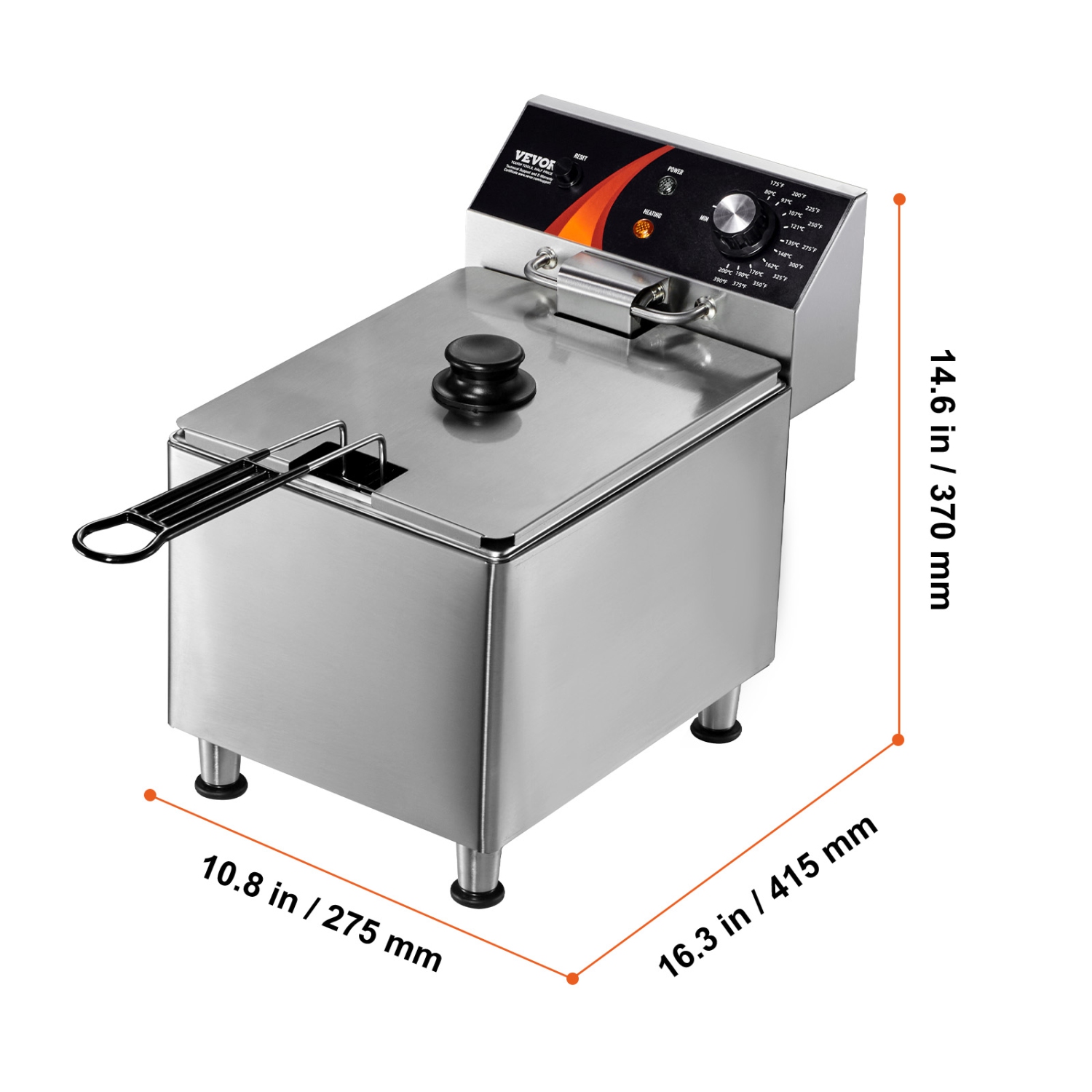 VEVOR 1750W Commercial Deep Fryer, Electric Countertop Fryer with Basket & Height-Adjustable Feet, 12Qt / 11.5L Stainless Steel Single Oil Fryer,