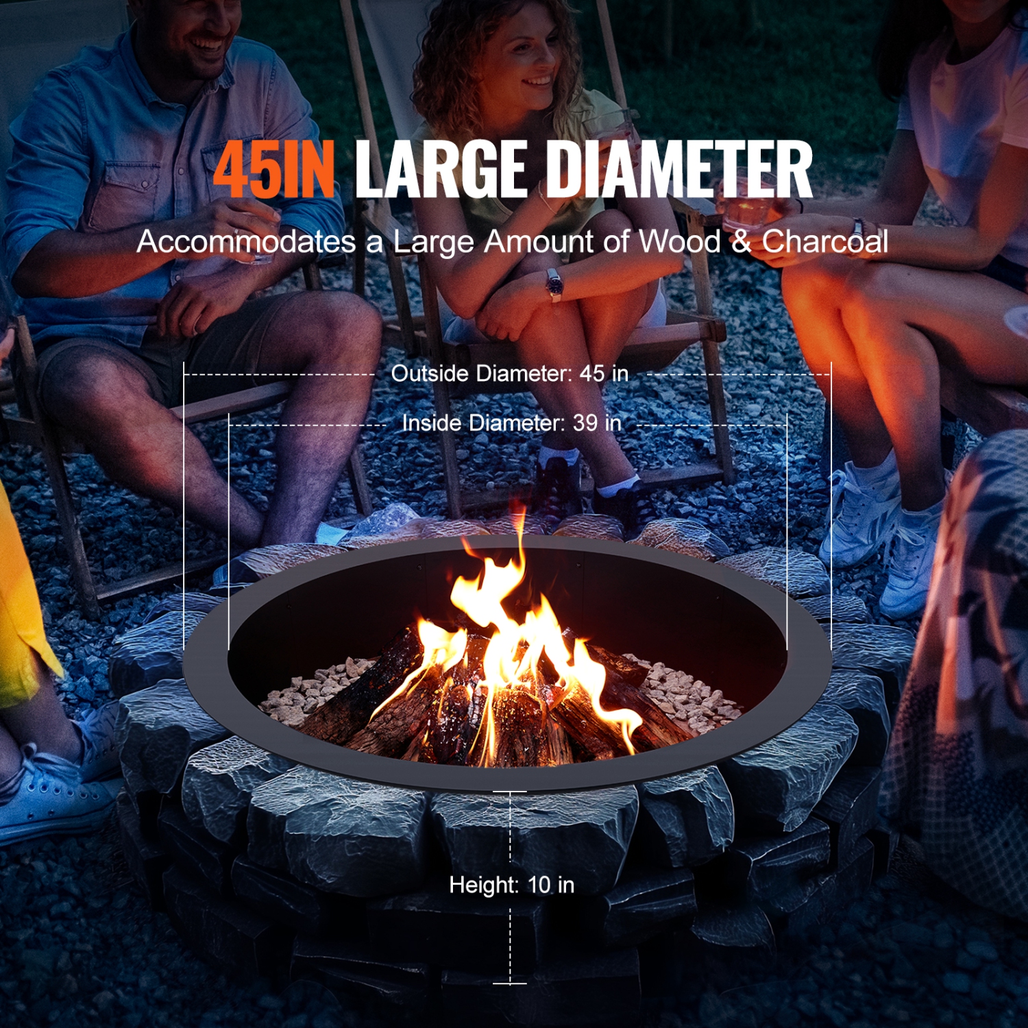 VEVOR 44-Inch Outer/39-Inch Inner Diameter, Fire Pit Ring, 10inch Height 2.5mm Thick Fire Pit Insert, Heavy Duty Carbon Steel Liner DIY Campfire Ring
