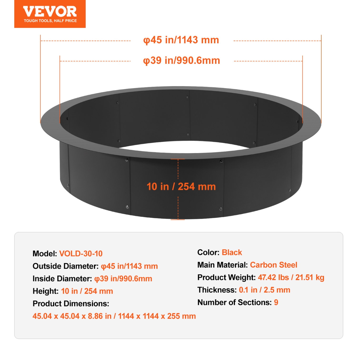 VEVOR 44-Inch Outer/39-Inch Inner Diameter, Fire Pit Ring, 10inch Height 2.5mm Thick Fire Pit Insert, Heavy Duty Carbon Steel Liner DIY Campfire Ring