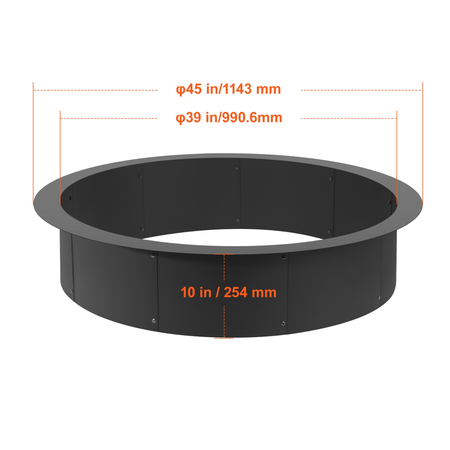 VEVOR 44-Inch Outer/39-Inch Inner Diameter, Fire Pit Ring, 10inch Height 2.5mm Thick Fire Pit Insert, Heavy Duty Carbon Steel Liner DIY Campfire Ring