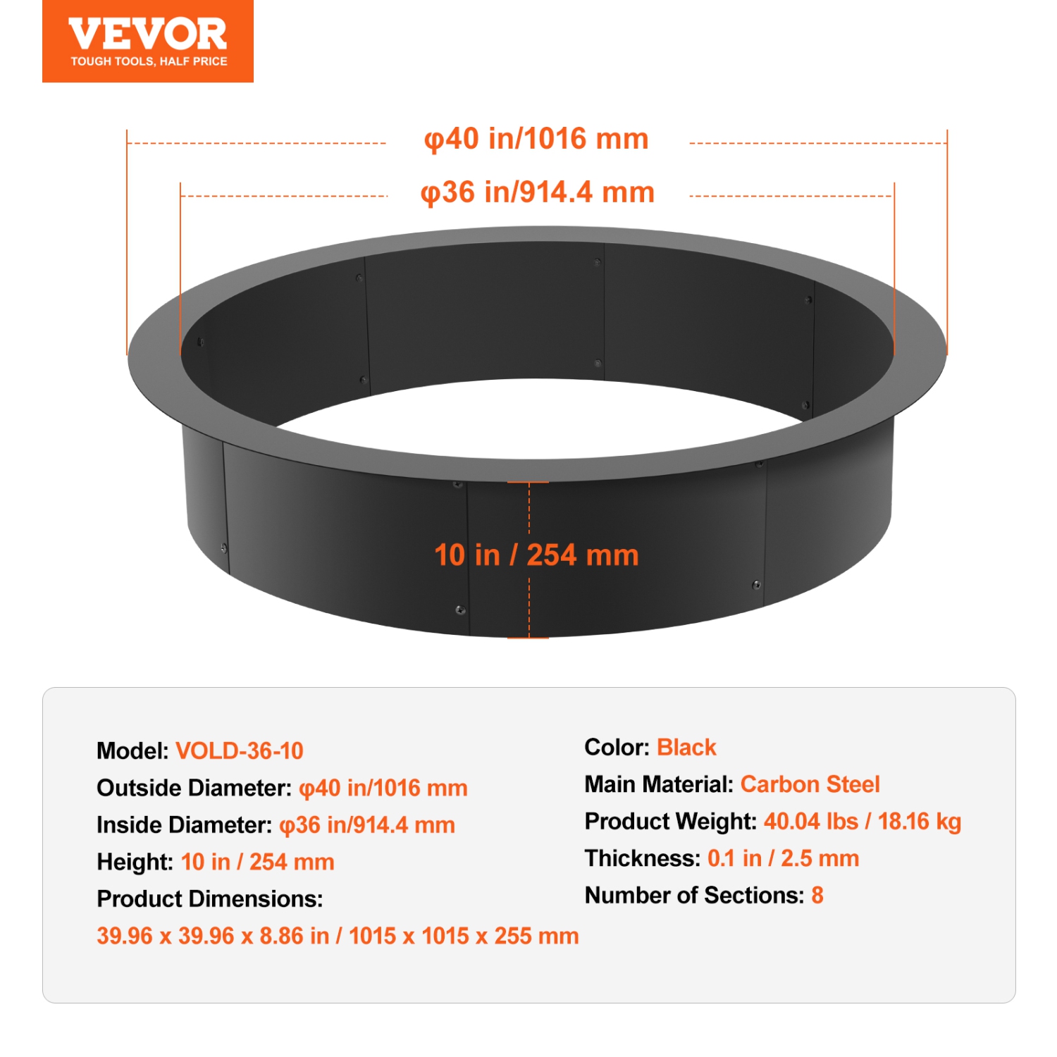 VEVOR 40-Inch Outer/36-Inch Inner Diameter, Fire Pit Ring, 10inch Height 2.5mm Thick Fire Pit Insert, Heavy Duty Carbon Steel Liner DIY Campfire Ring