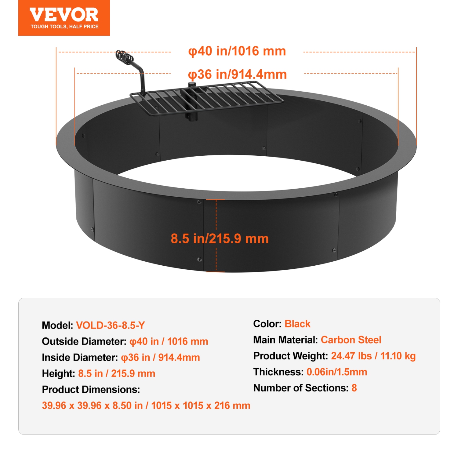 VEVOR 40-In Outer/36-In Inner Diameter, 8.5in Height, Fire Pit Ring, Fire Pit Insert with Barbecue Fire Ring, Carbon Steel Liner DIY Campfire Ring