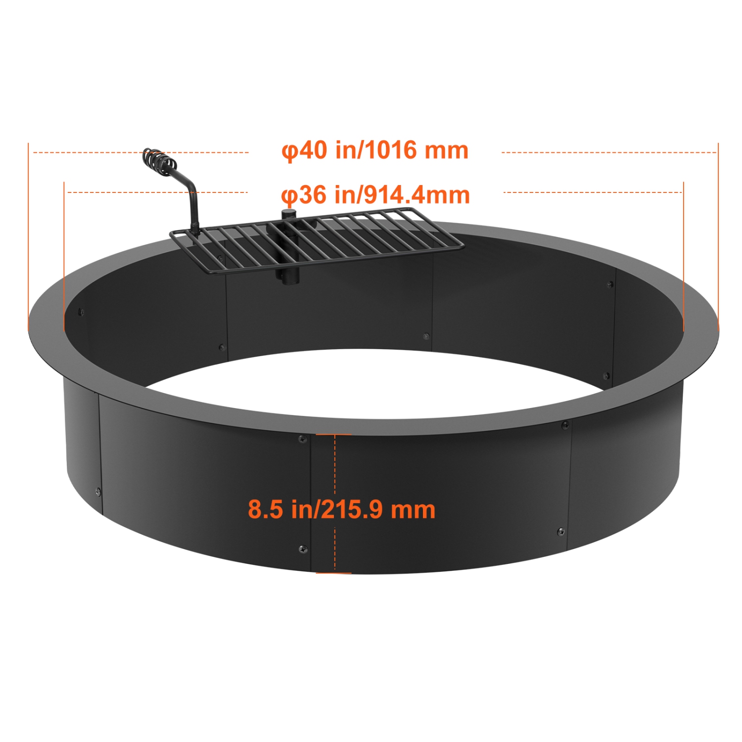 VEVOR 40-In Outer/36-In Inner Diameter, 8.5in Height, Fire Pit Ring, Fire Pit Insert with Barbecue Fire Ring, Carbon Steel Liner DIY Campfire Ring