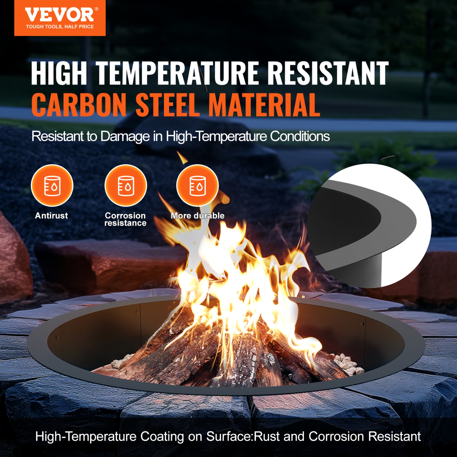 VEVOR 40-Inch Outer/36-Inch Inner Diameter, Fire Pit Ring, 8.5inch Height Fire Pit Insert, Heavy Duty Carbon Steel Liner DIY Campfire Ring above or