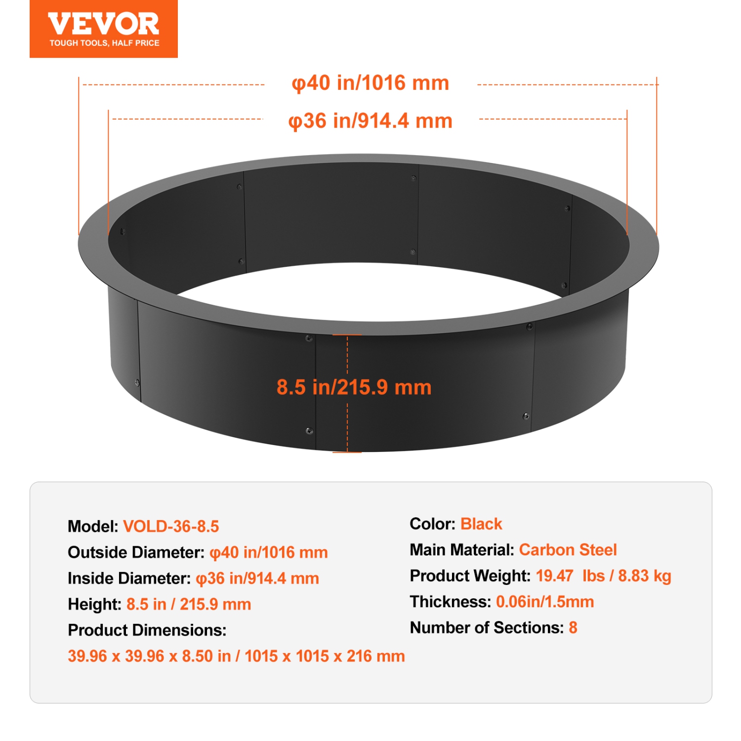 VEVOR 40-Inch Outer/36-Inch Inner Diameter, Fire Pit Ring, 8.5inch Height Fire Pit Insert, Heavy Duty Carbon Steel Liner DIY Campfire Ring above or
