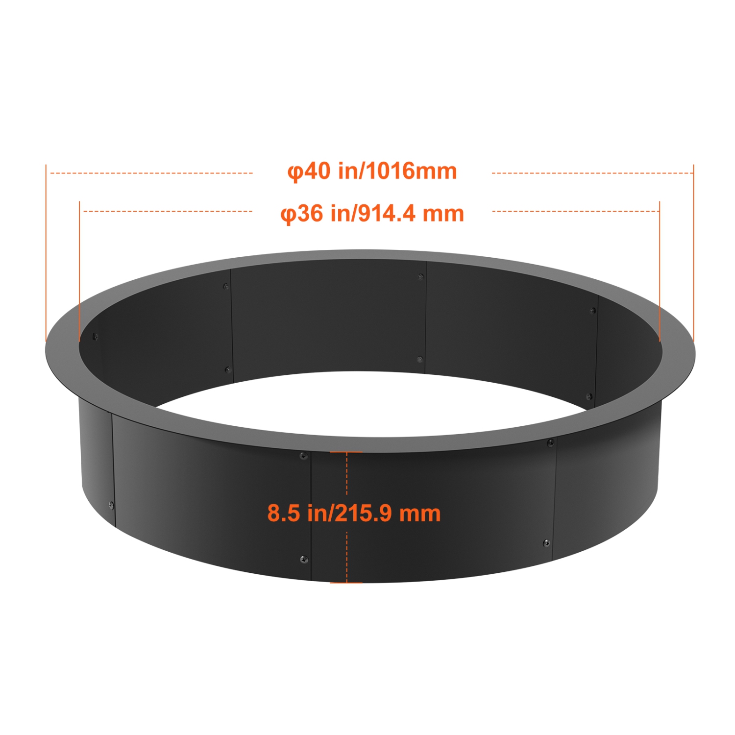 VEVOR 40-Inch Outer/36-Inch Inner Diameter, Fire Pit Ring, 8.5inch Height Fire Pit Insert, Heavy Duty Carbon Steel Liner DIY Campfire Ring above or