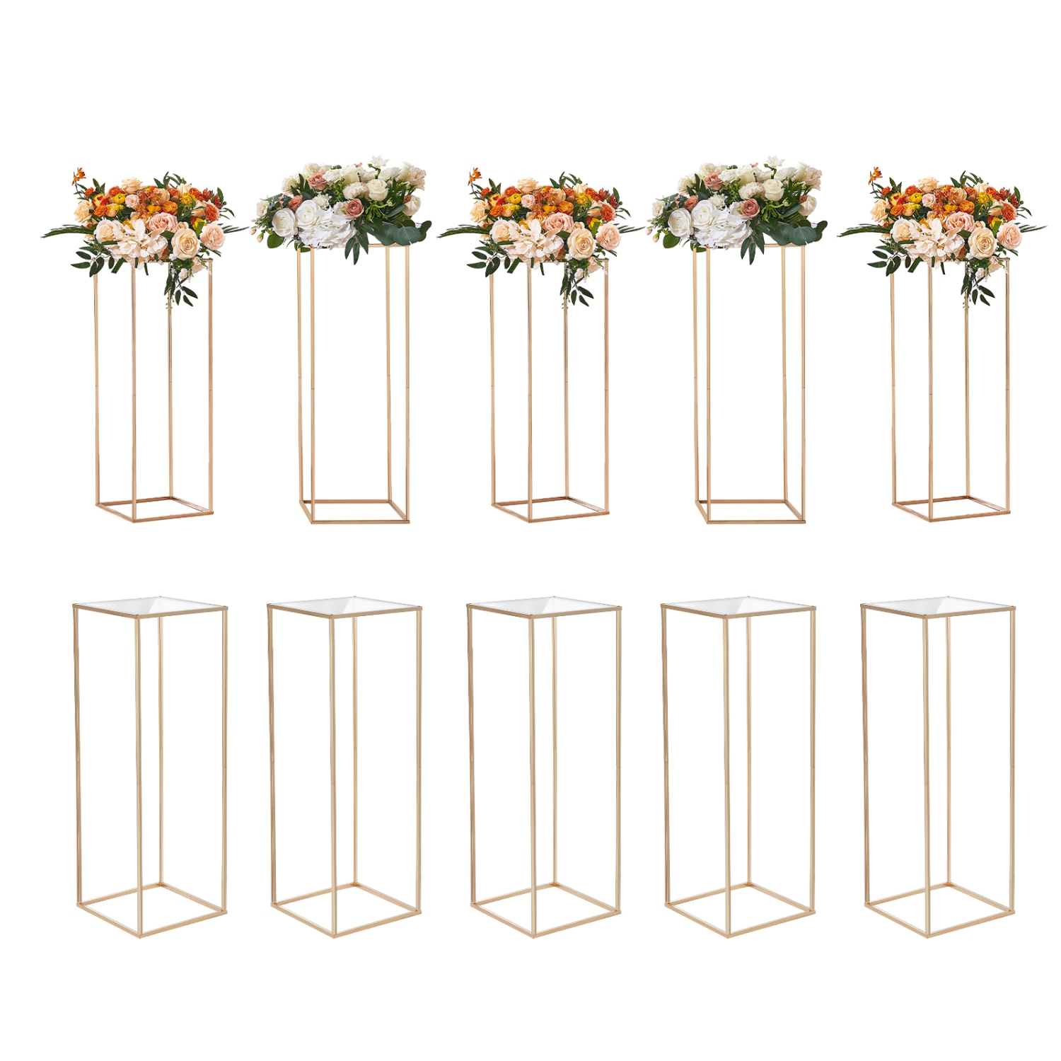 VEVOR 10PCS 31.5inch High Wedding Flower Stand, With Acrylic Laminate,Metal Vase Column Geometric Centerpiece Stands, Gold Rectangular Rack for