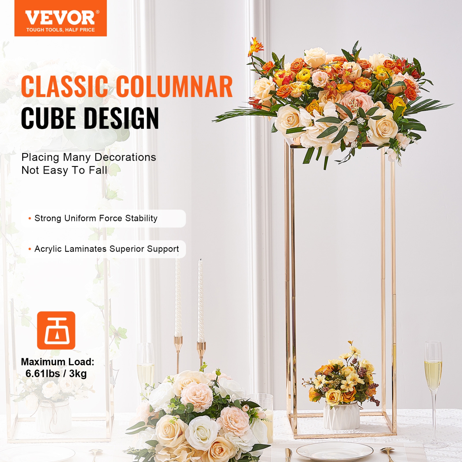 VEVOR 10PCS 31.5inch High Wedding Flower Stand, With Acrylic Laminate,Metal Vase Column Geometric Centerpiece Stands, Gold Rectangular Rack for