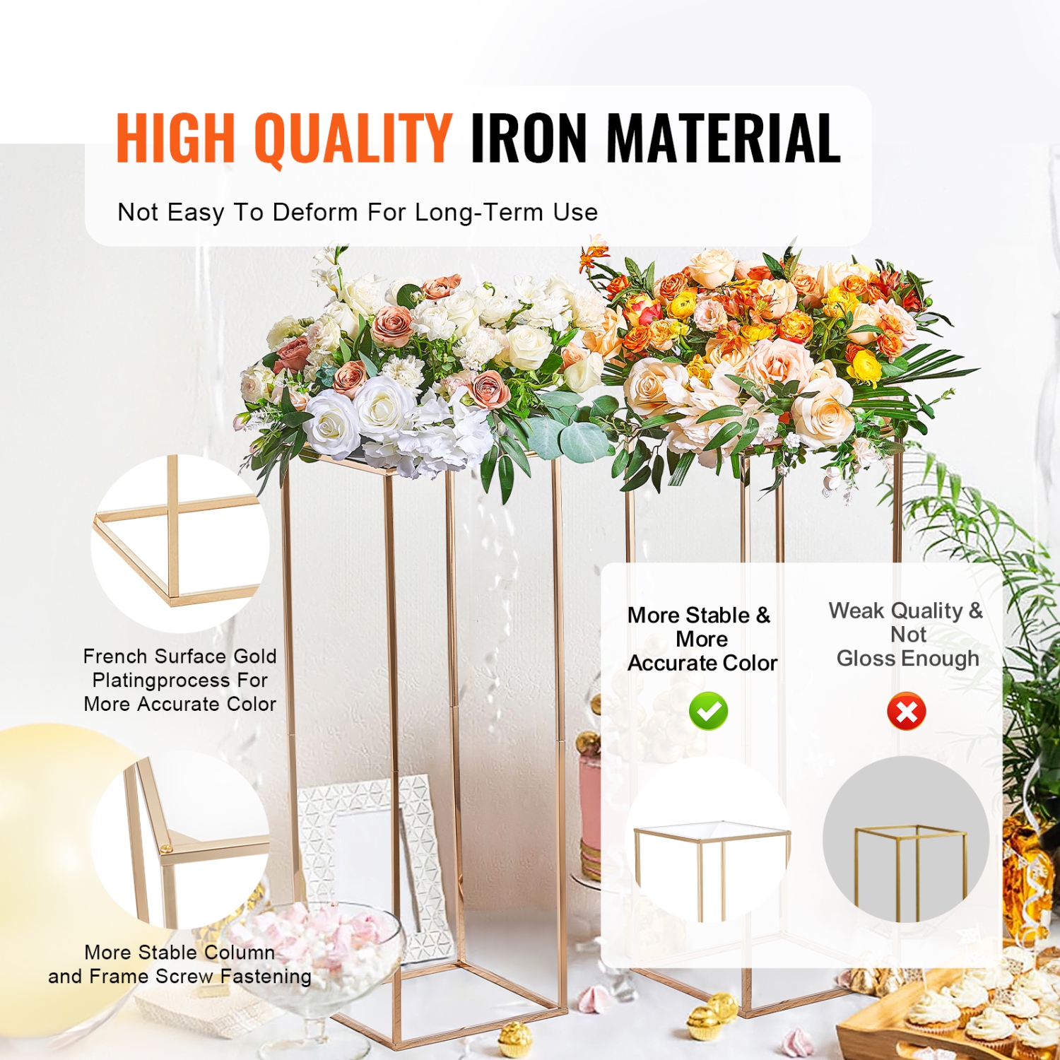 VEVOR 10PCS 31.5inch High Wedding Flower Stand, With Acrylic Laminate,Metal Vase Column Geometric Centerpiece Stands, Gold Rectangular Rack for
