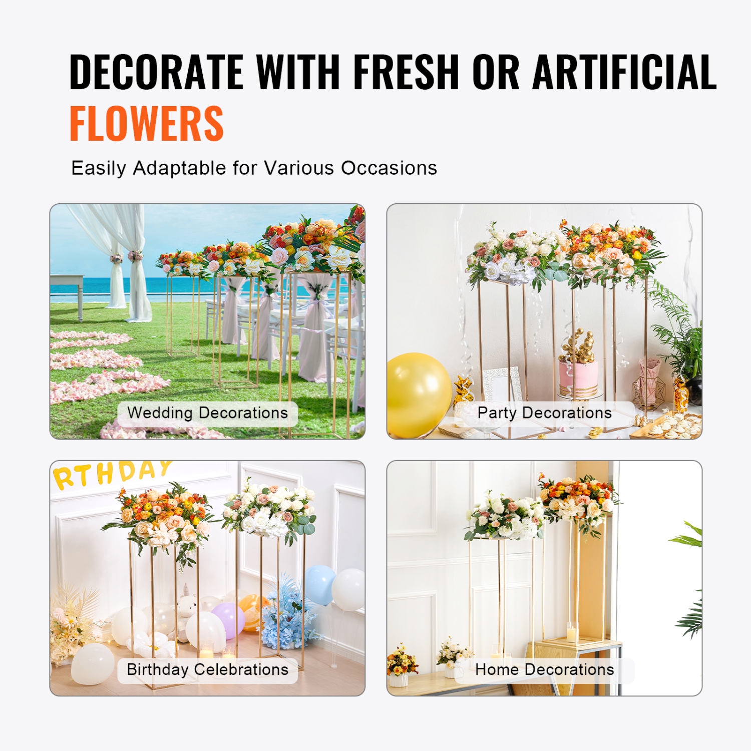 VEVOR 10PCS 31.5inch High Wedding Flower Stand, With Acrylic Laminate,Metal Vase Column Geometric Centerpiece Stands, Gold Rectangular Rack for
