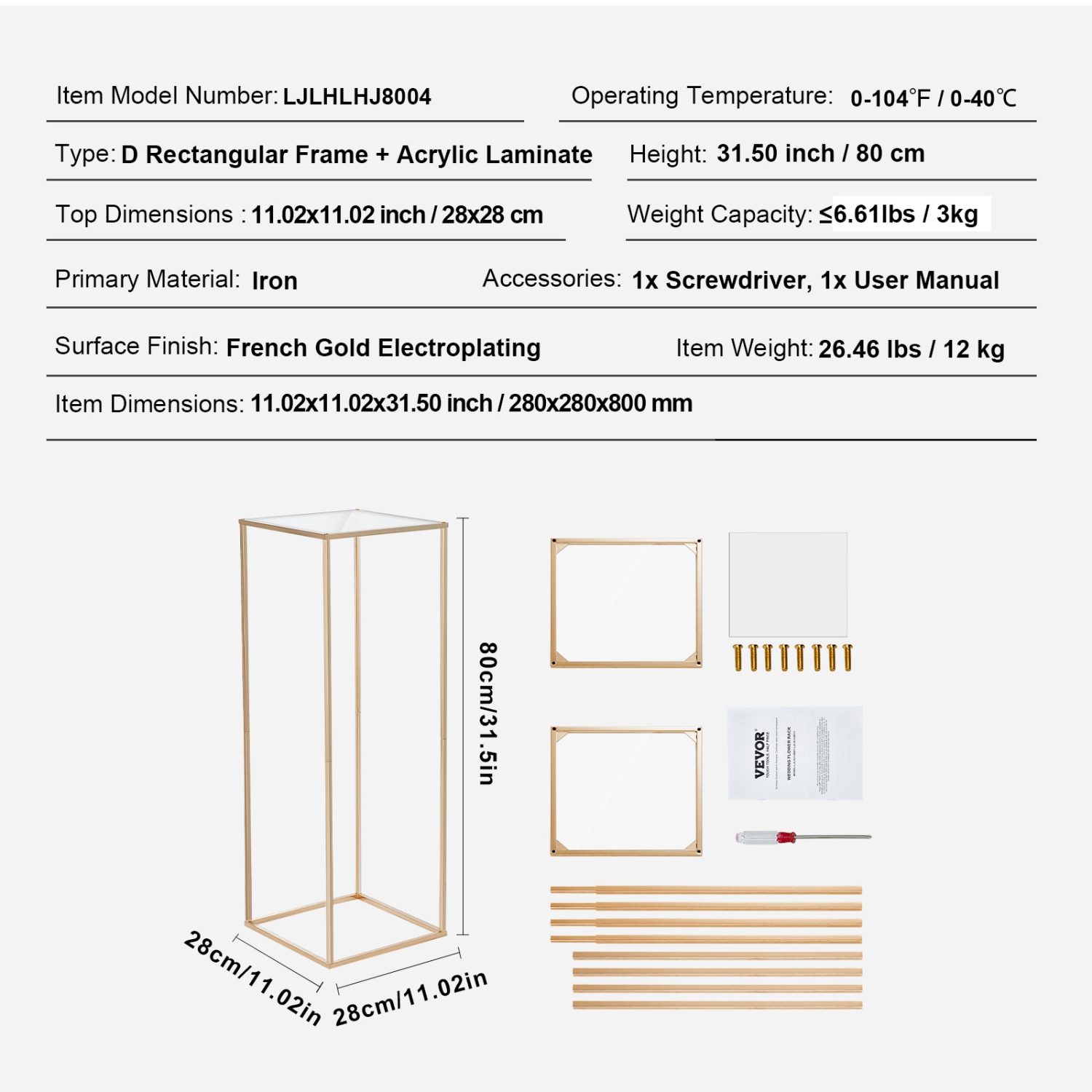 VEVOR 10PCS 31.5inch High Wedding Flower Stand, With Acrylic Laminate,Metal Vase Column Geometric Centerpiece Stands, Gold Rectangular Rack for